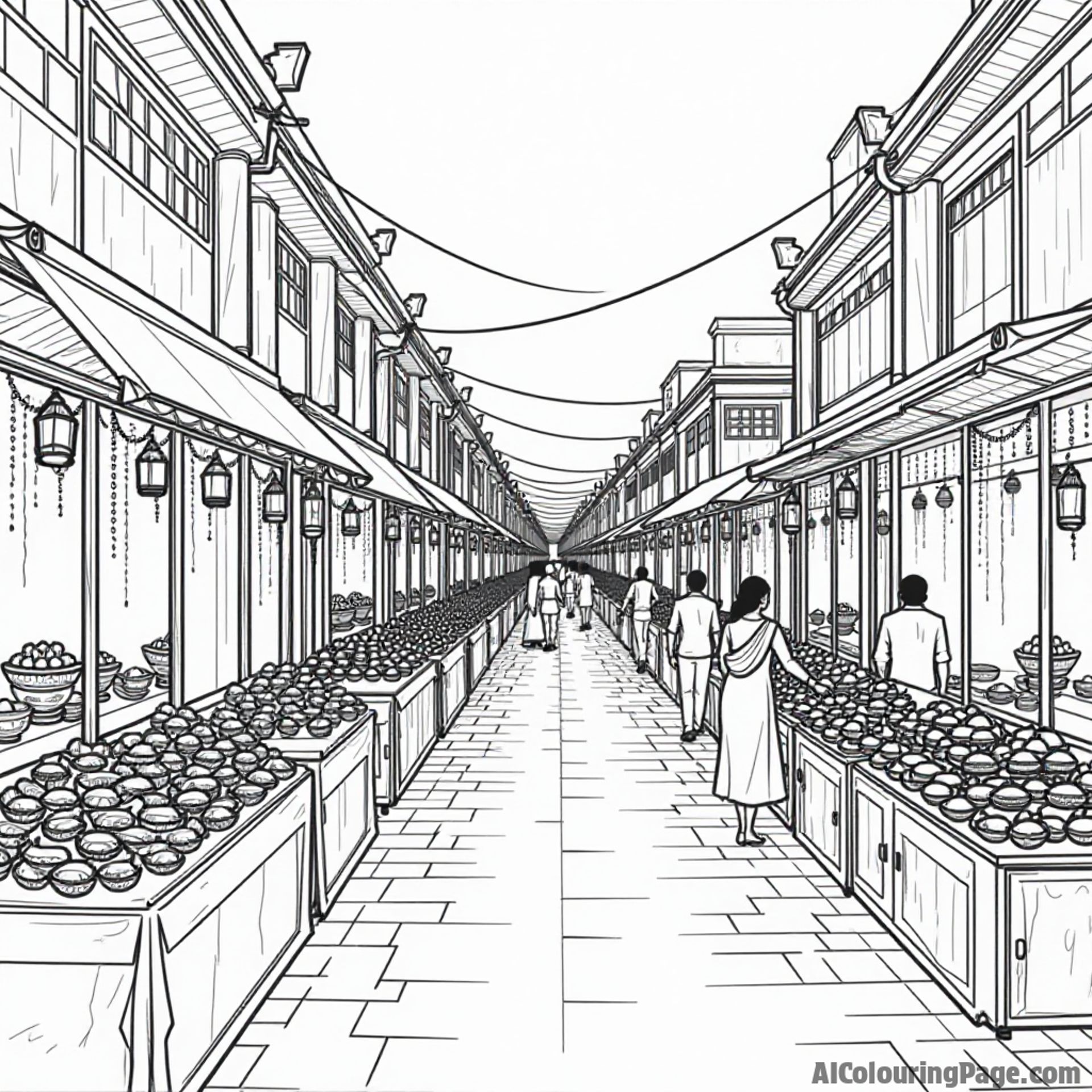 A colorful marketplace bustling with vendors selling festive items like diyas, sweets, and lanterns, showcasing the vibrant atmosphere of Diwali celebrations for a fun coloring adventure in Festivals and Traditions Coloring Sheets.