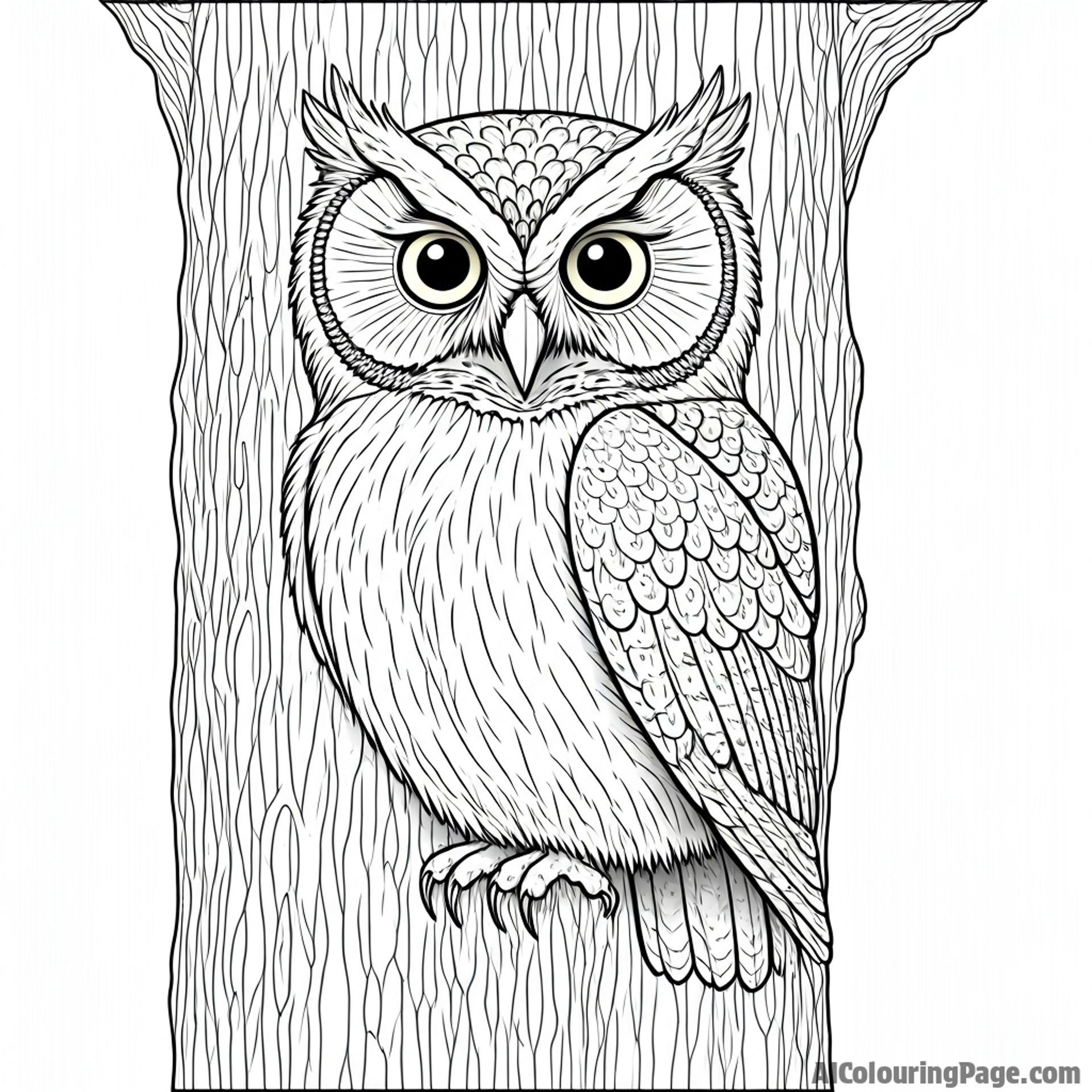 An owl camouflaged against the bark of a ancient oak tree.