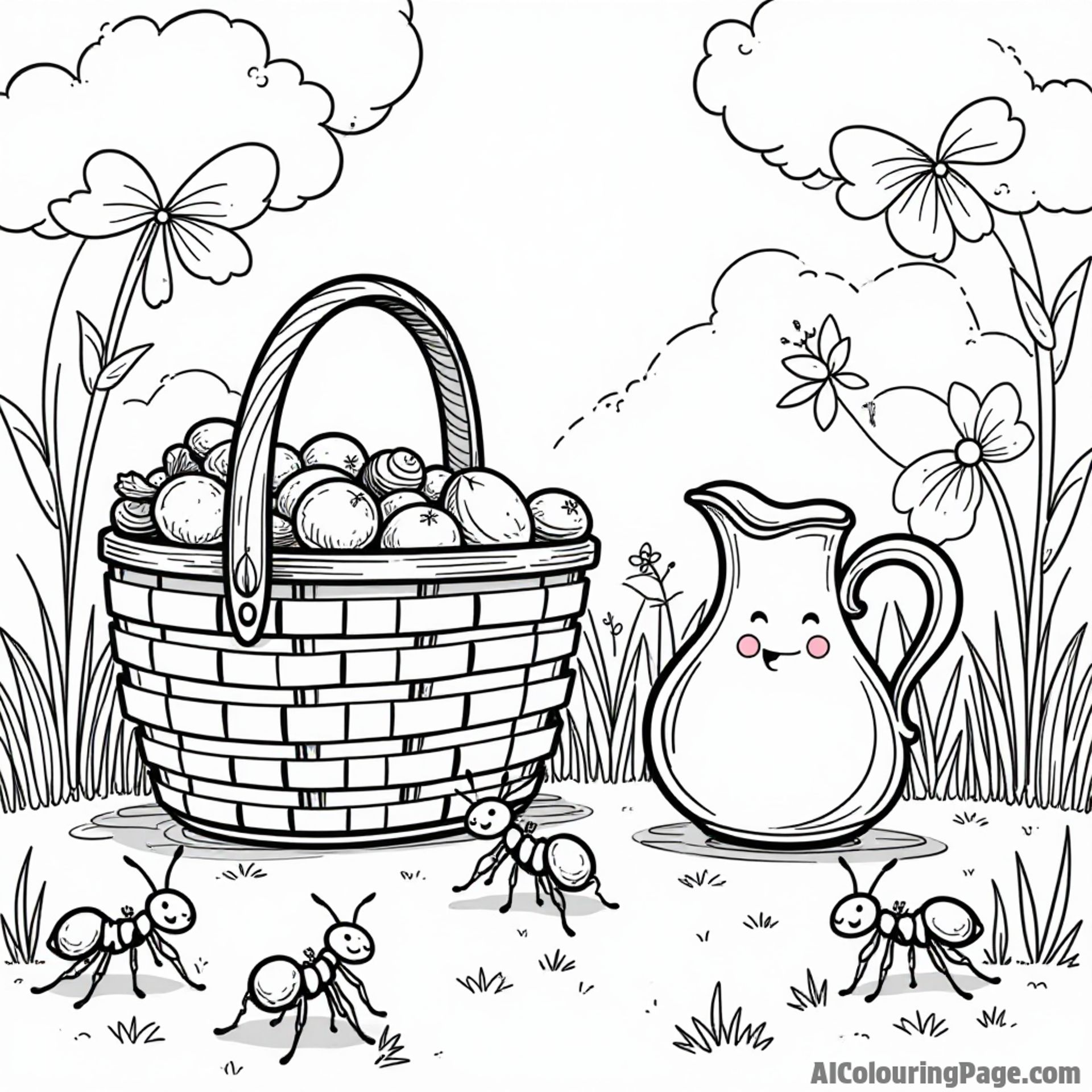 A vibrant garden party scene with a friendly picnic basket, a cheerful lemonade pitcher, and playful ants marching around.