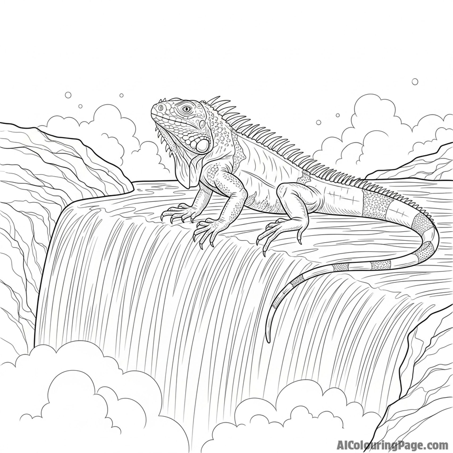 An iguana poised at the edge of a waterfall, mist rising around it.