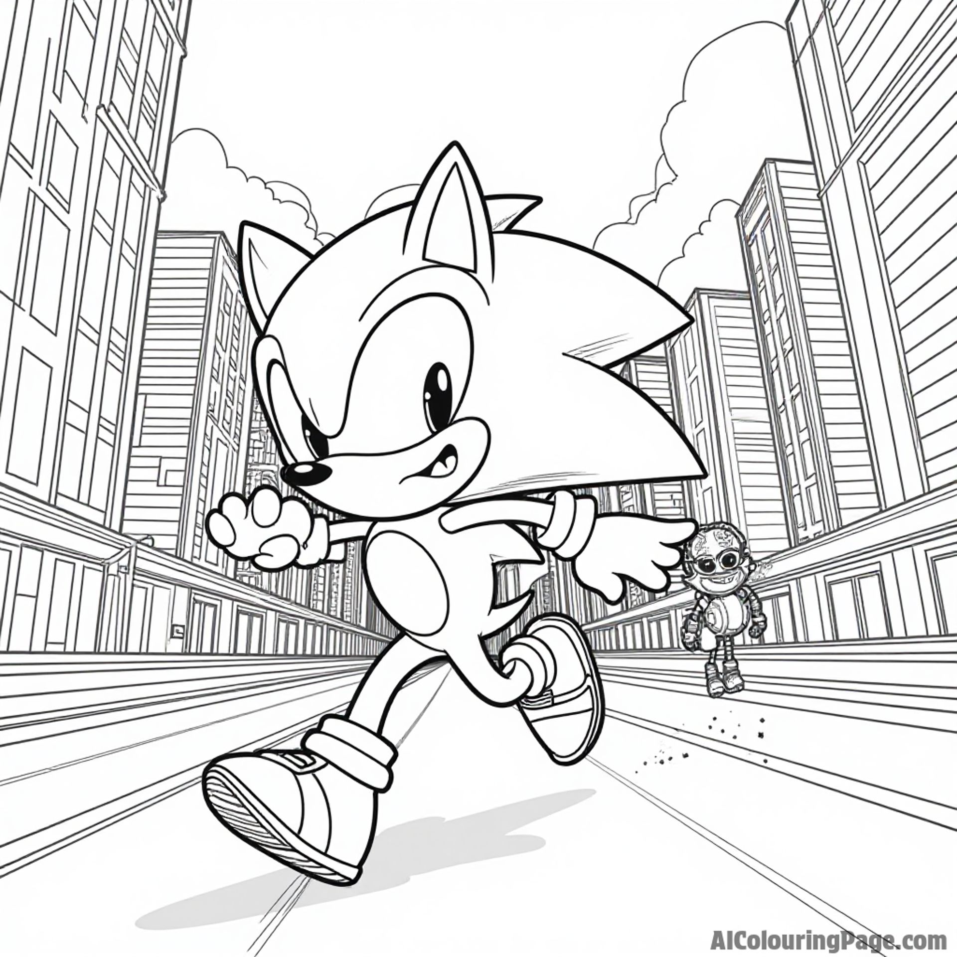 Sonic in a futuristic city, zooming past tall buildings and neon signs while chasing after a mischievous robot.