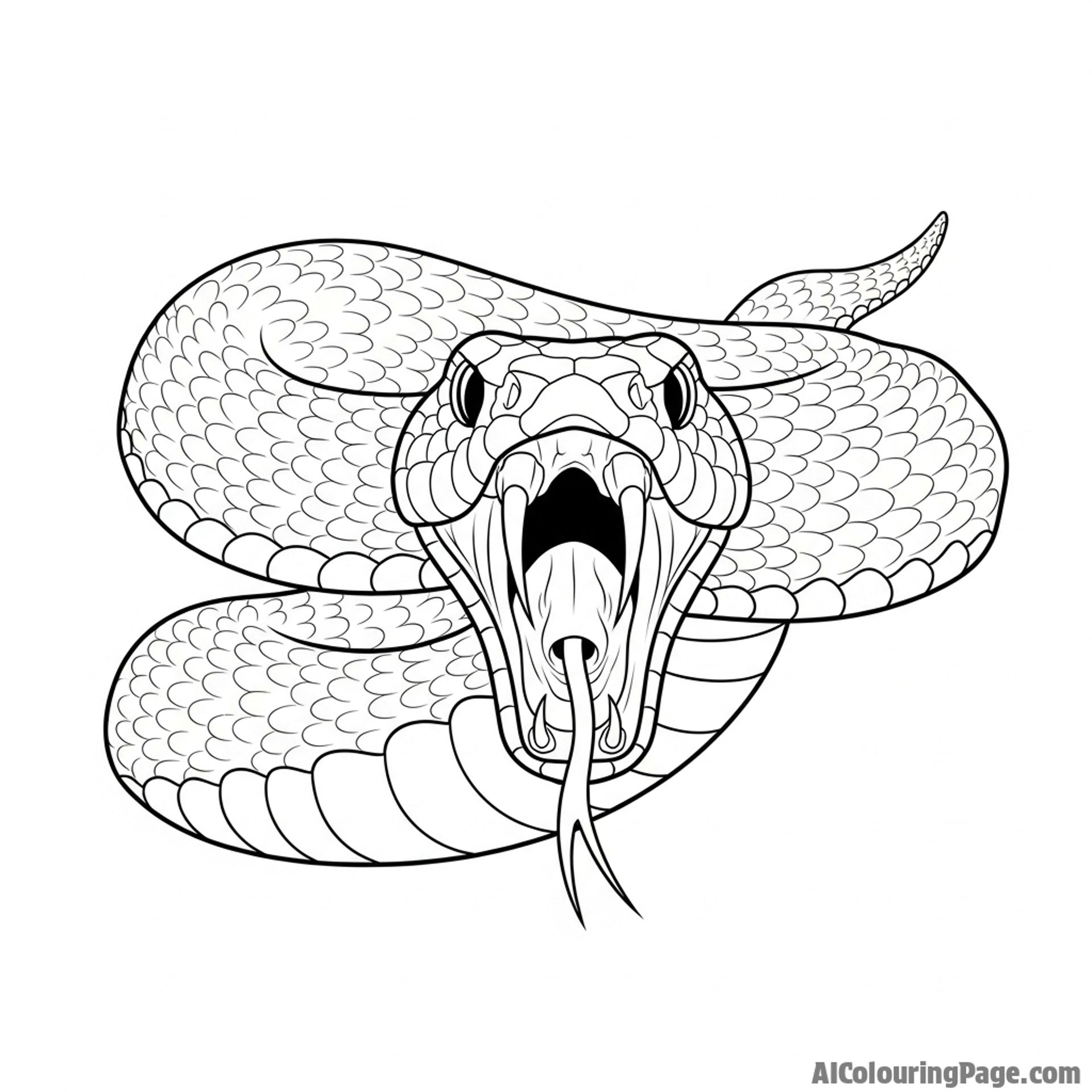 A snake striking directly at the camera, fangs bared, captured in a dynamic moment of action.