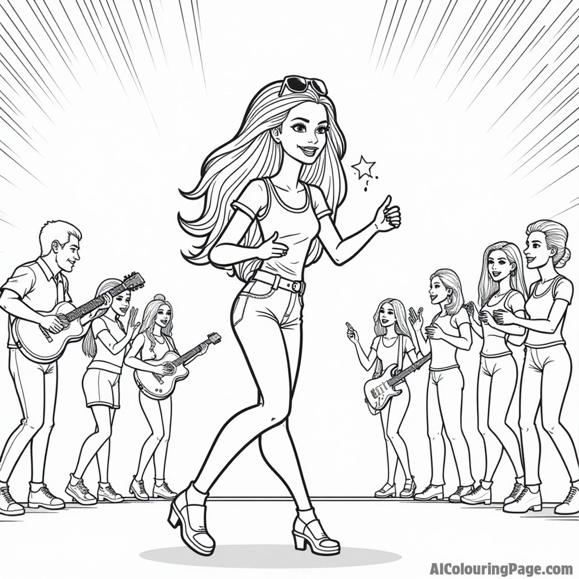 Barbie at a concert, dancing and enjoying music with friends, with a stage and bright lights all around her.
