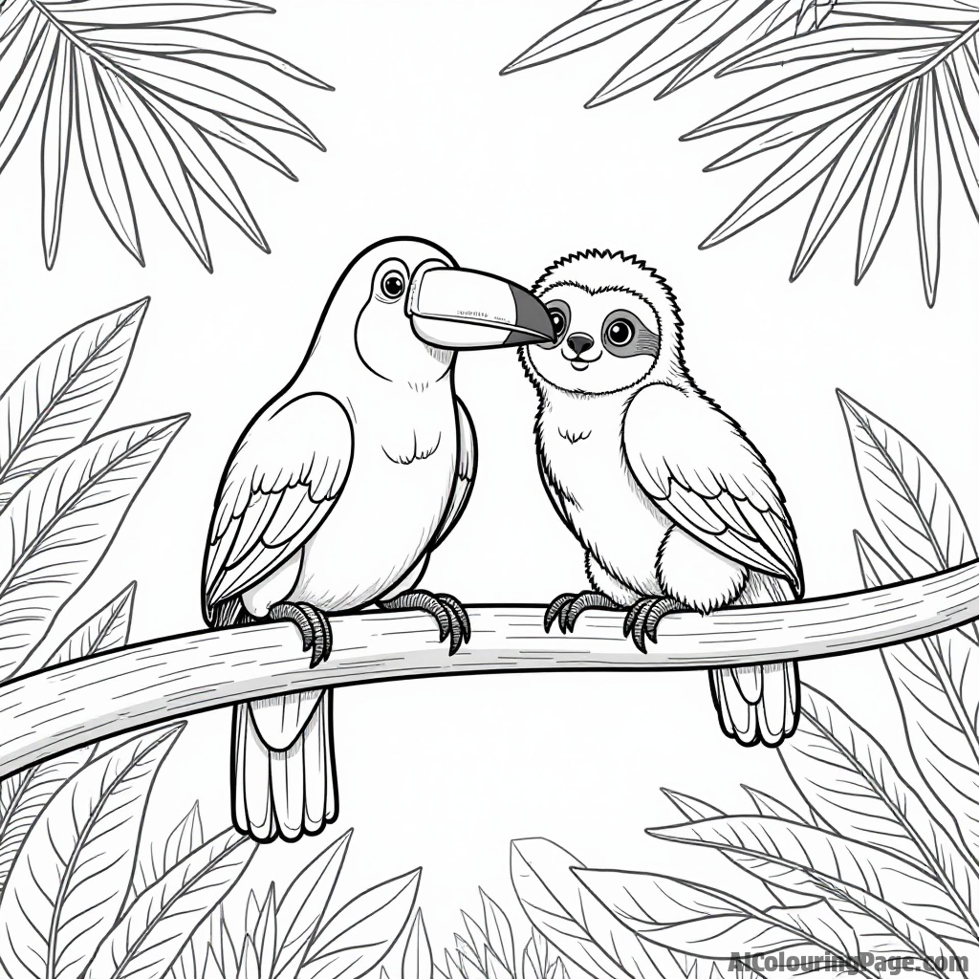 A toucan and a friendly sloth hanging out together on a large branch surrounded by jungle foliage and playful animals.