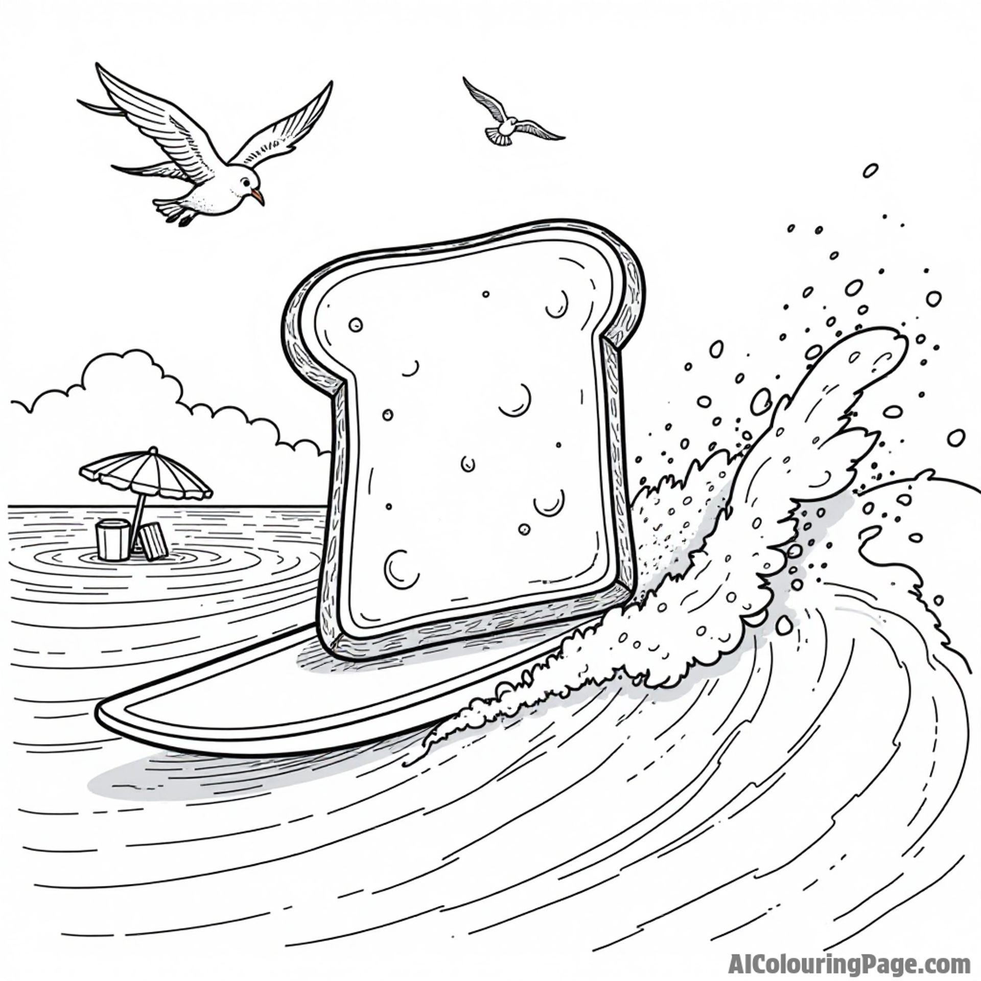 A cartoon bread slice surfing on a wave made of butter, with seagulls flying overhead and beach umbrellas in sight.