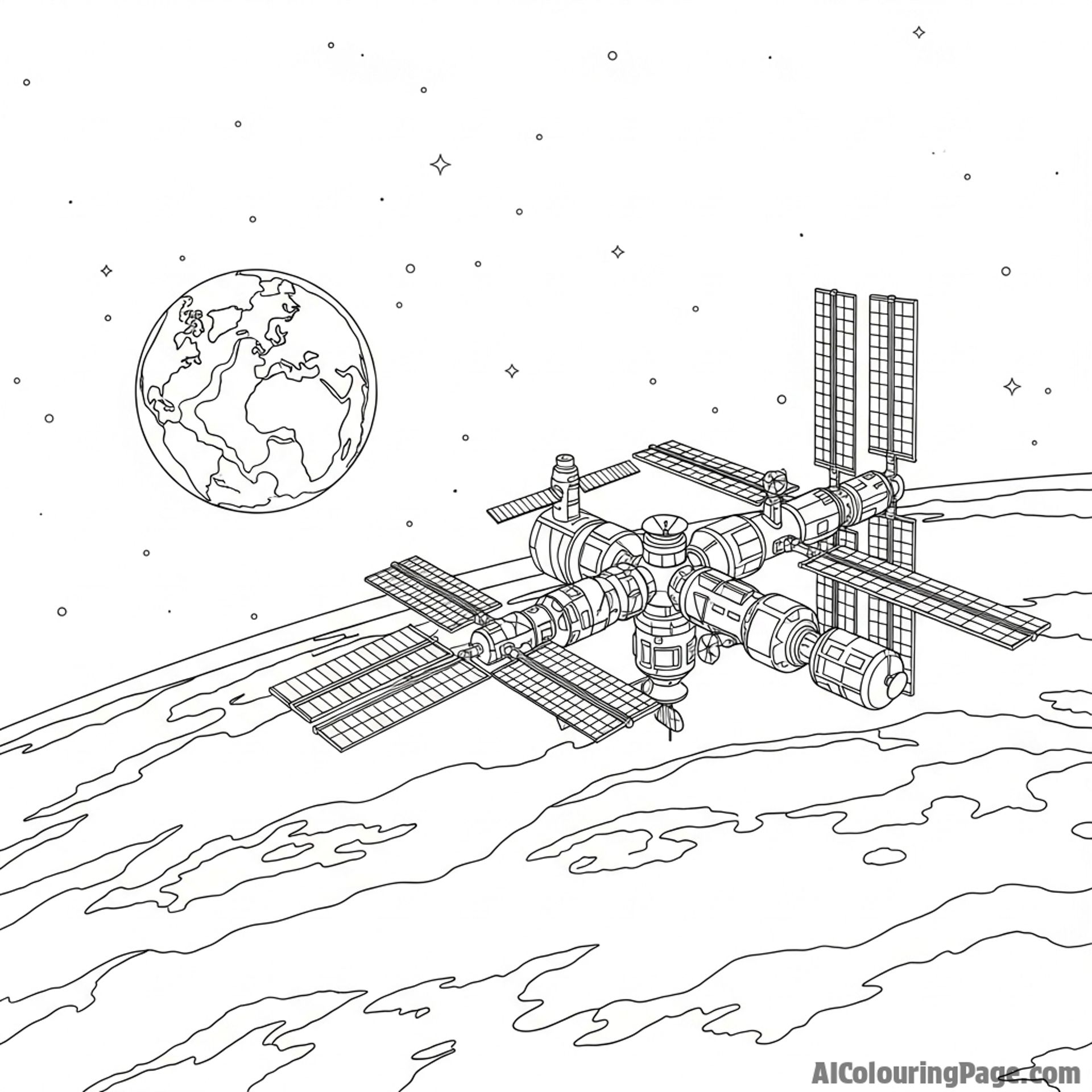 Distant space station orbiting earth at night.