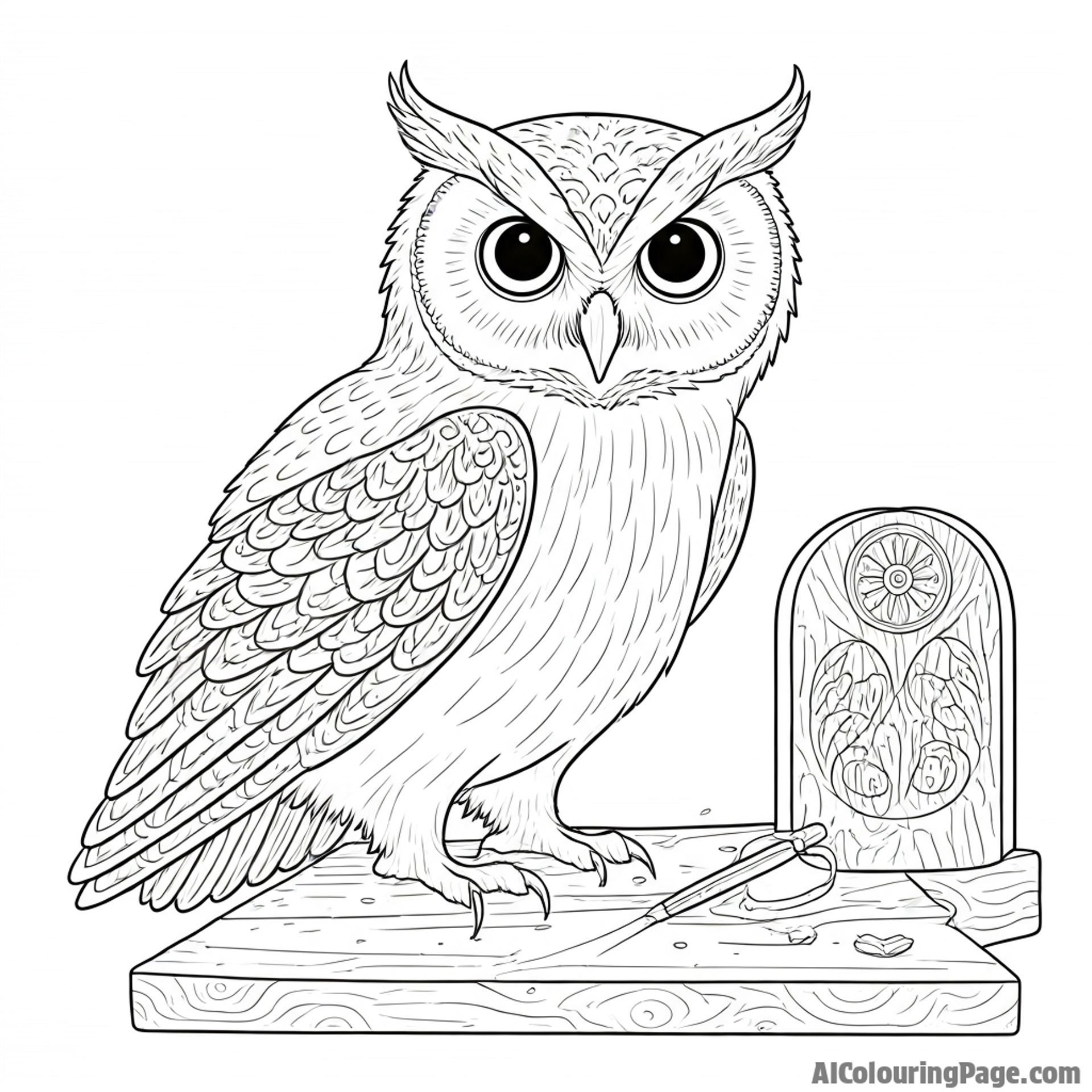 An owl carving intricate wooden sculptures in a forest workshop.