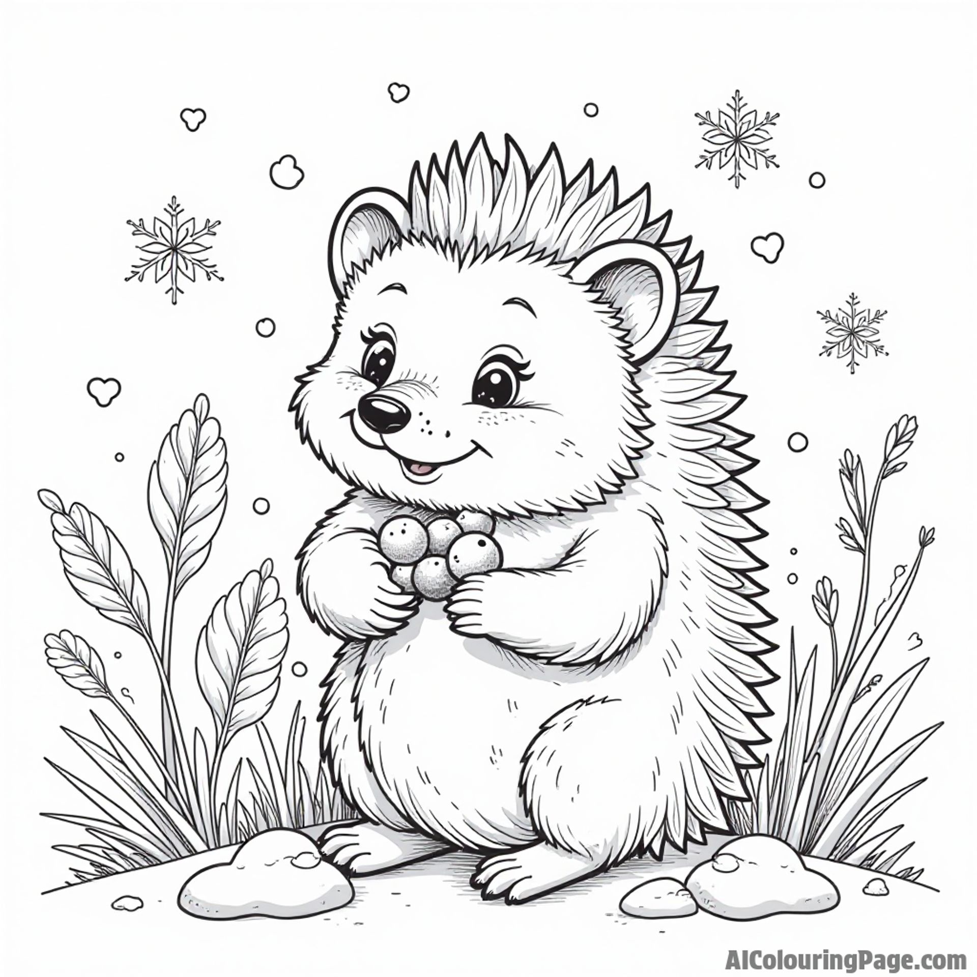 A cute hedgehog collecting berries in a snowy garden, surrounded by snowflakes and winter plants for kids to color.