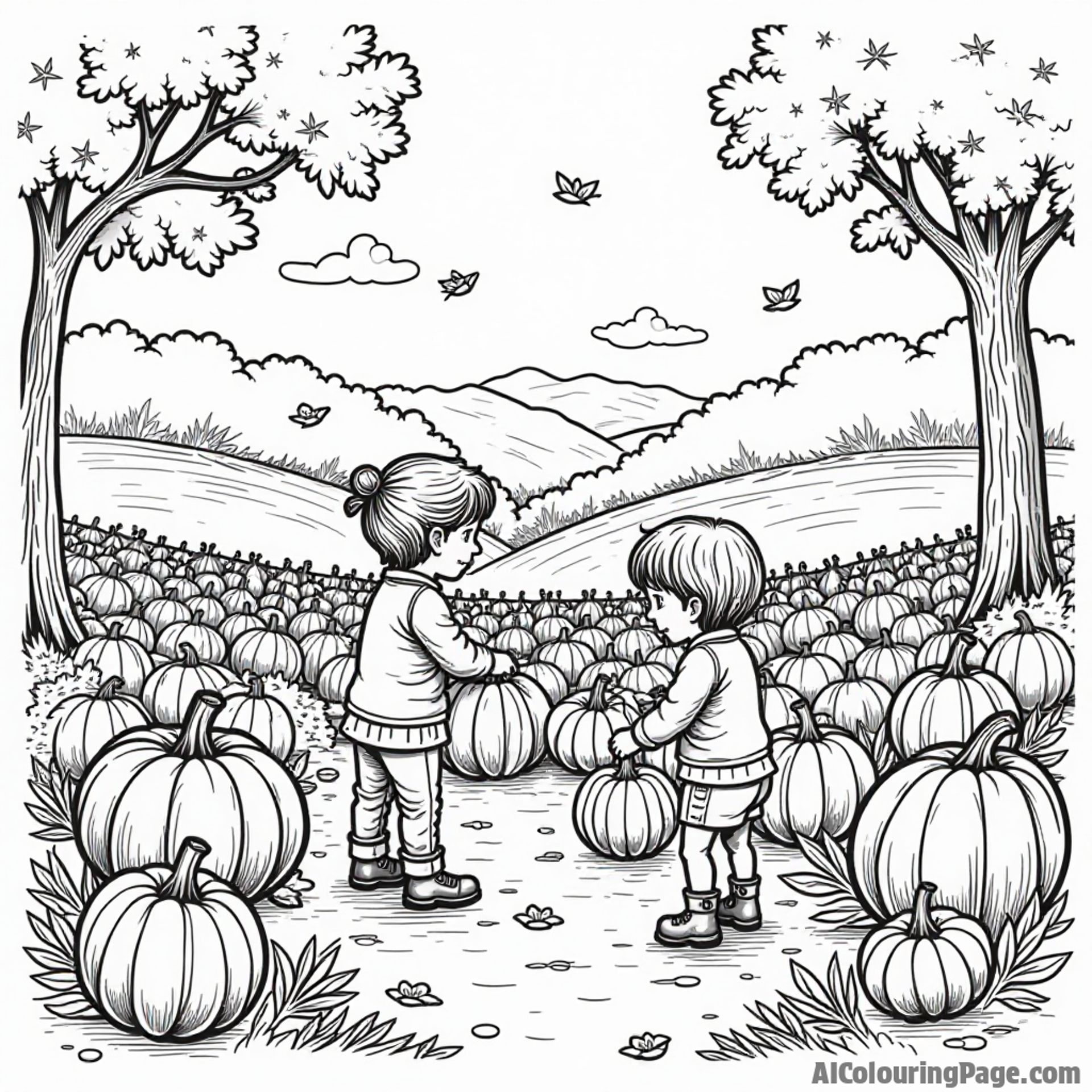 A colorful autumn scene with a Vermont pumpkin patch, children picking pumpkins, and falling leaves swirling around them.