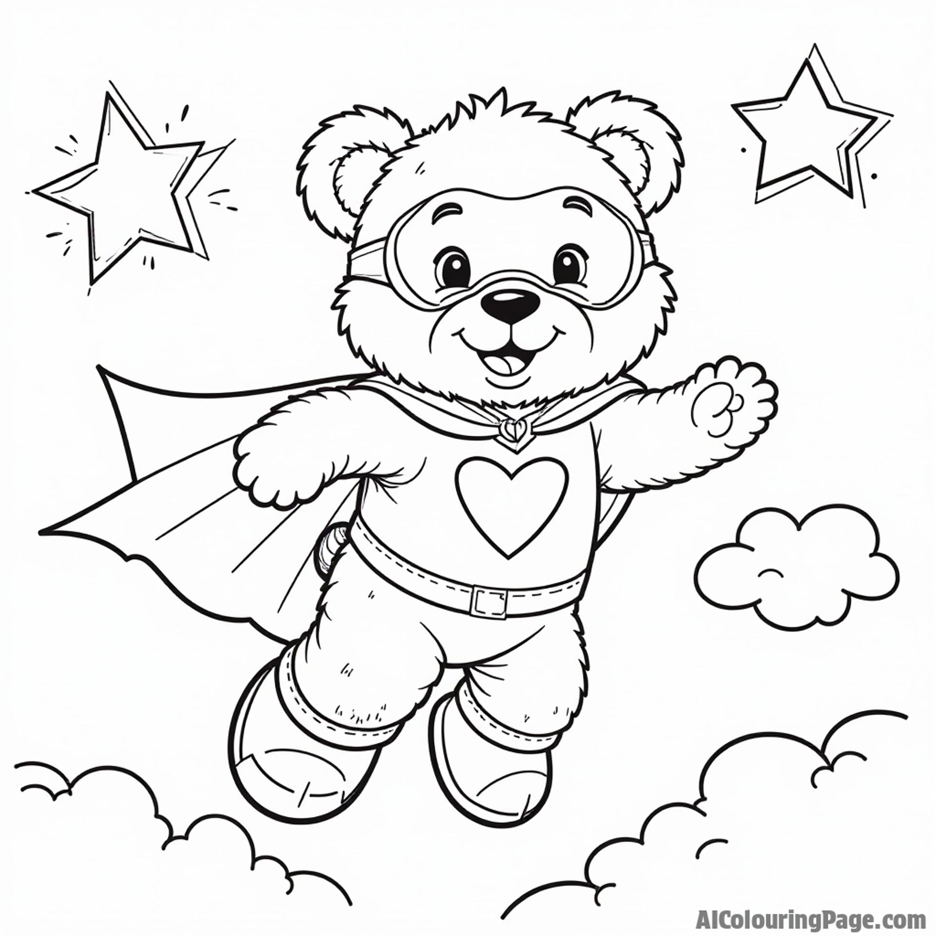 A teddy bear dressed as a superhero flying through the sky, with a bright star and a fluffy cloud, inviting kids to unleash their creativity in this coloring page.