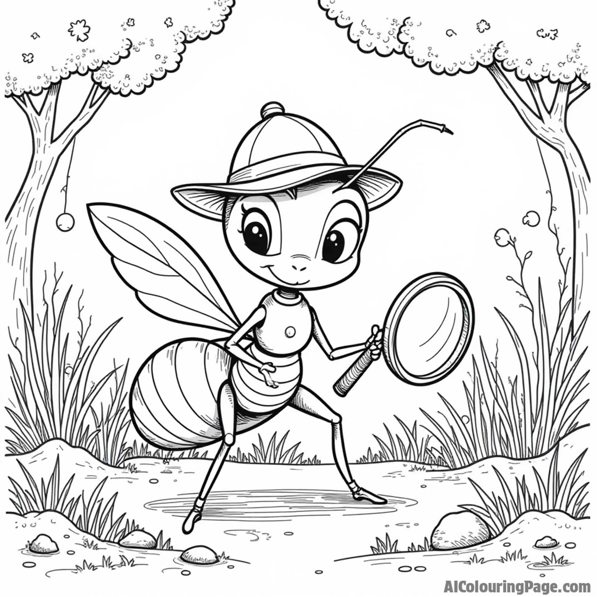 A detective ant with a magnifying glass searching for clues in a backyard, encouraging imaginative coloring adventures.