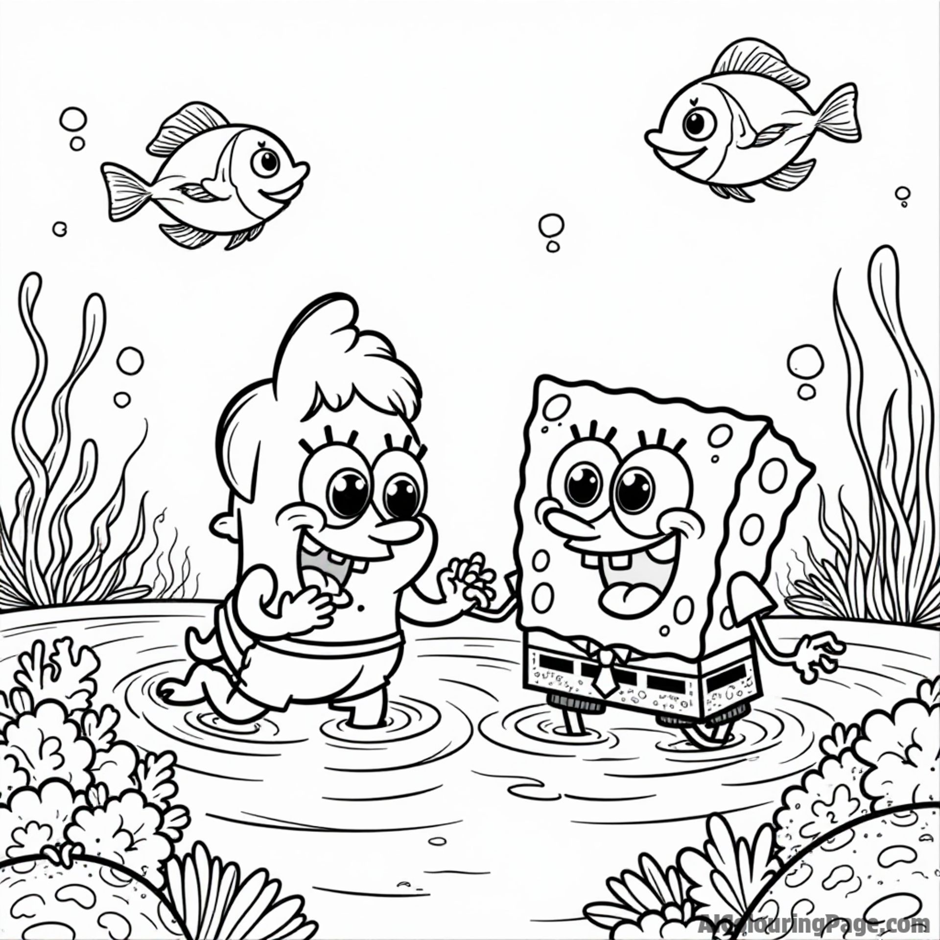 Sandy Cheeks and SpongeBob practicing swimming techniques in the ocean, surrounded by friendly fish and colorful coral reefs