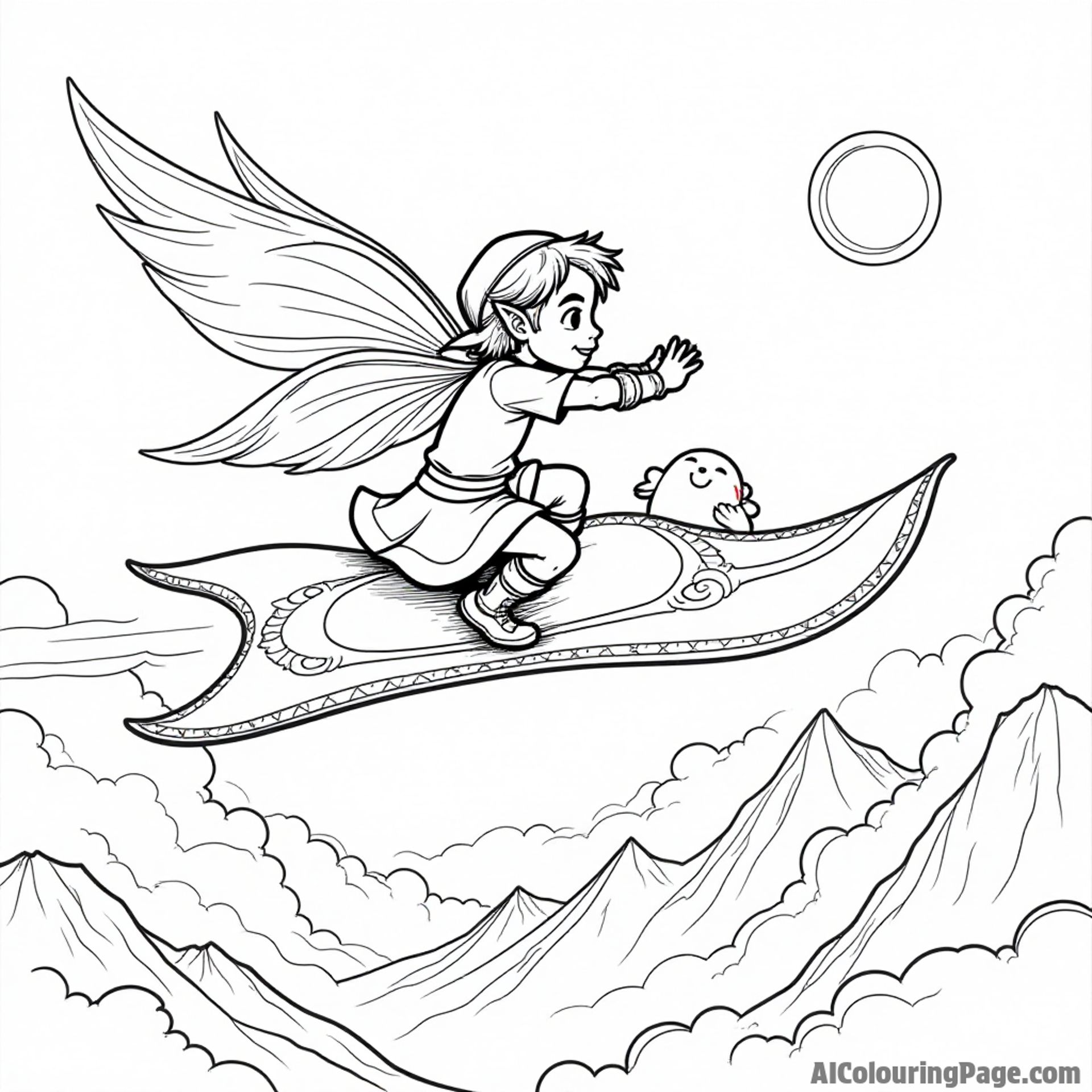 Link and his fairy companion flying together on a magic carpet, soaring over mountains, clouds, and a bright sun