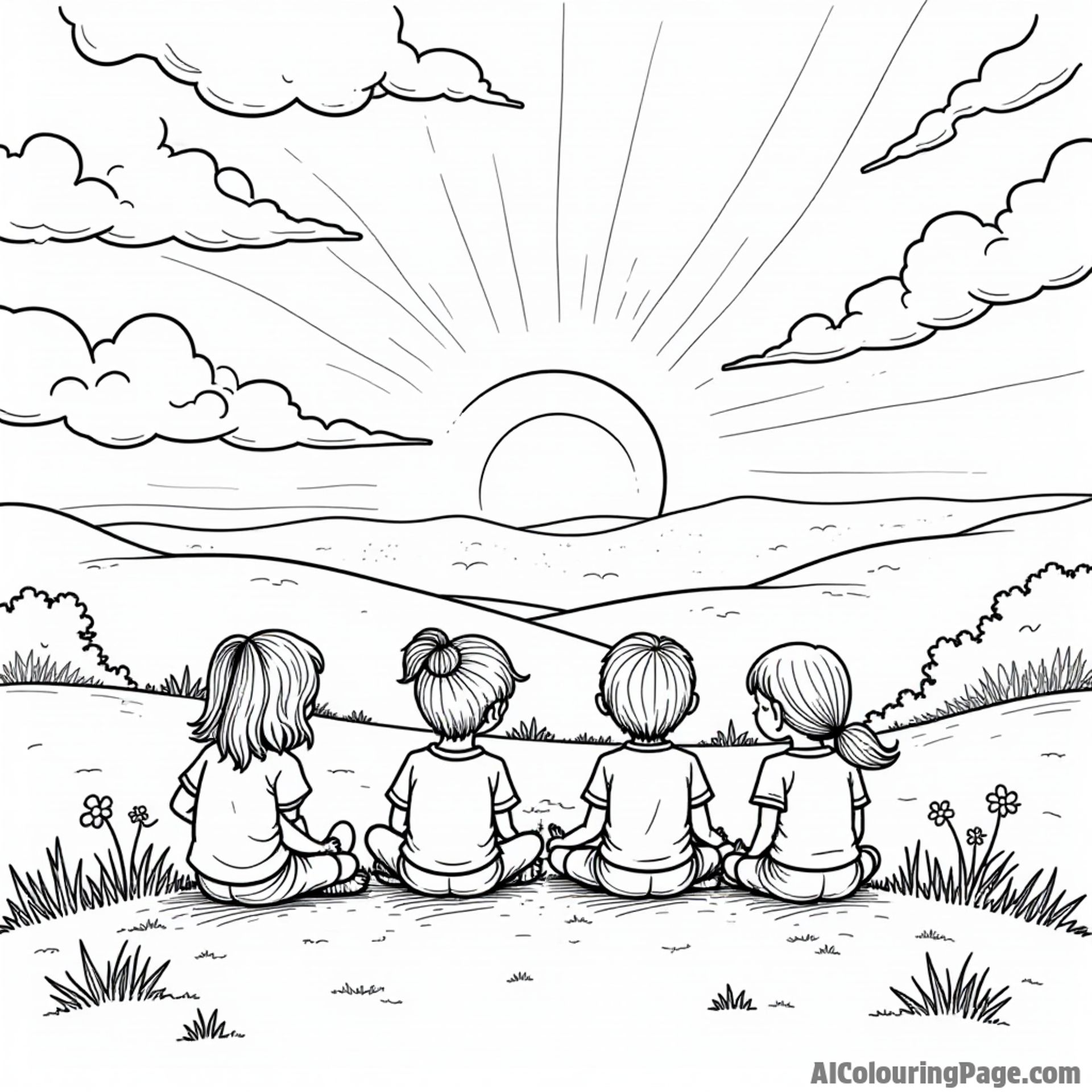 A beautiful sunset scene where children gather on a hilltop, watching the sky change colors with their favorite snacks