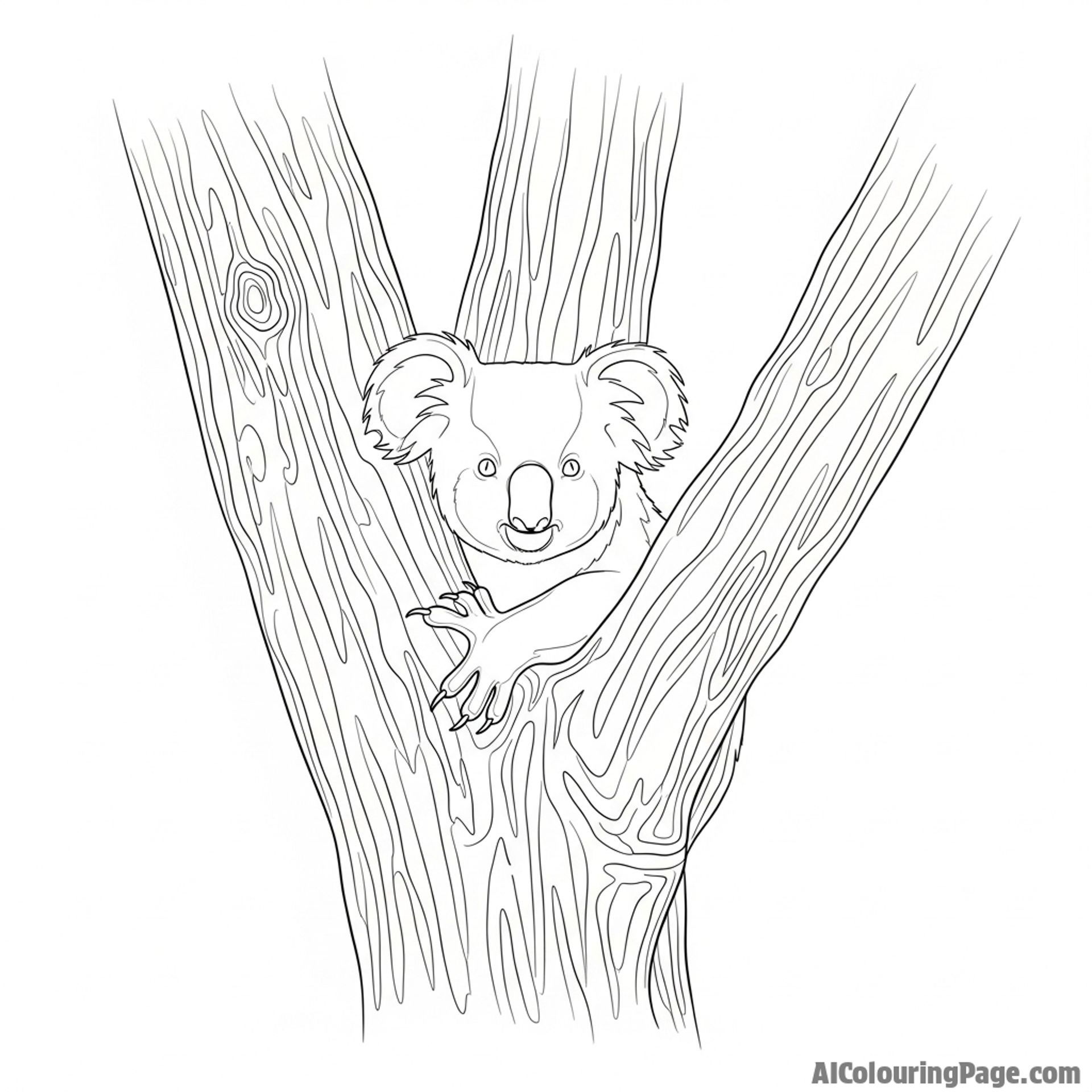 A koala's form emerging from the gnarled bark of a eucalyptus tree.