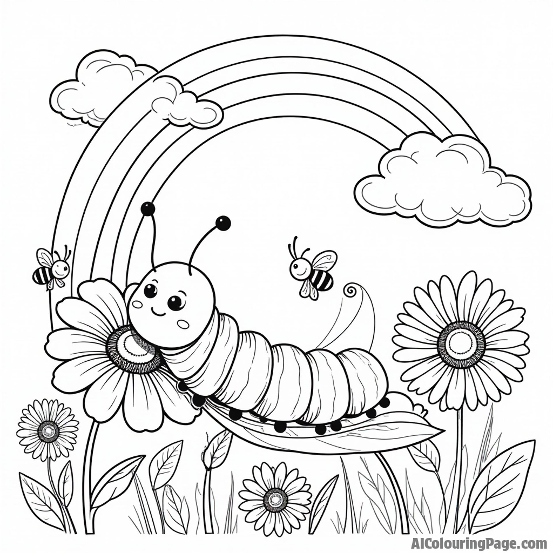 A friendly caterpillar resting on a colorful flower with bees buzzing nearby and a rainbow stretching across the sky.