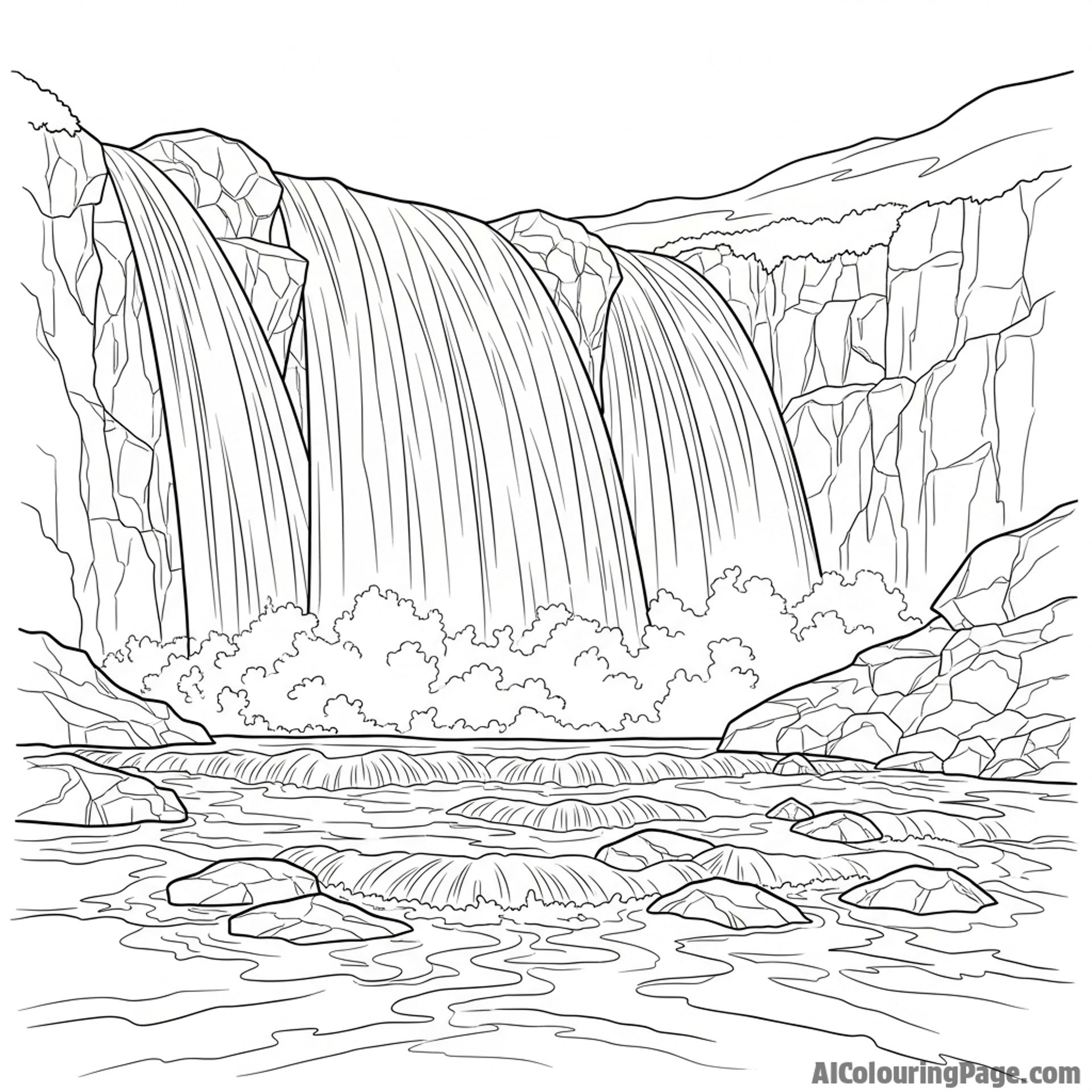 A powerful waterfall forming rapids downstream.