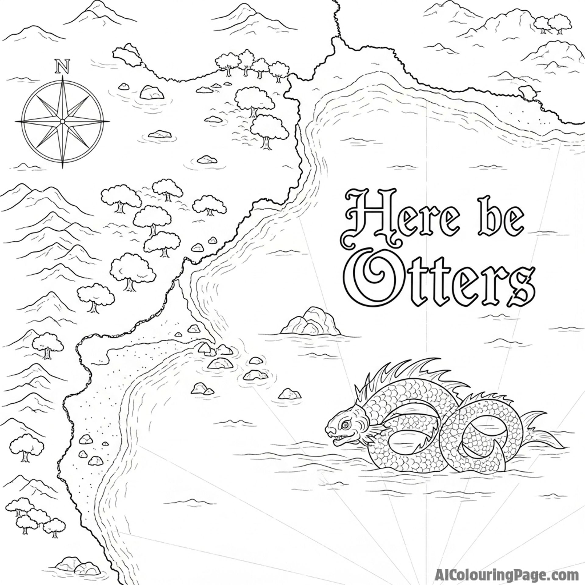 An old-fashioned map of a coastline with the annotation "Here be Otters".
