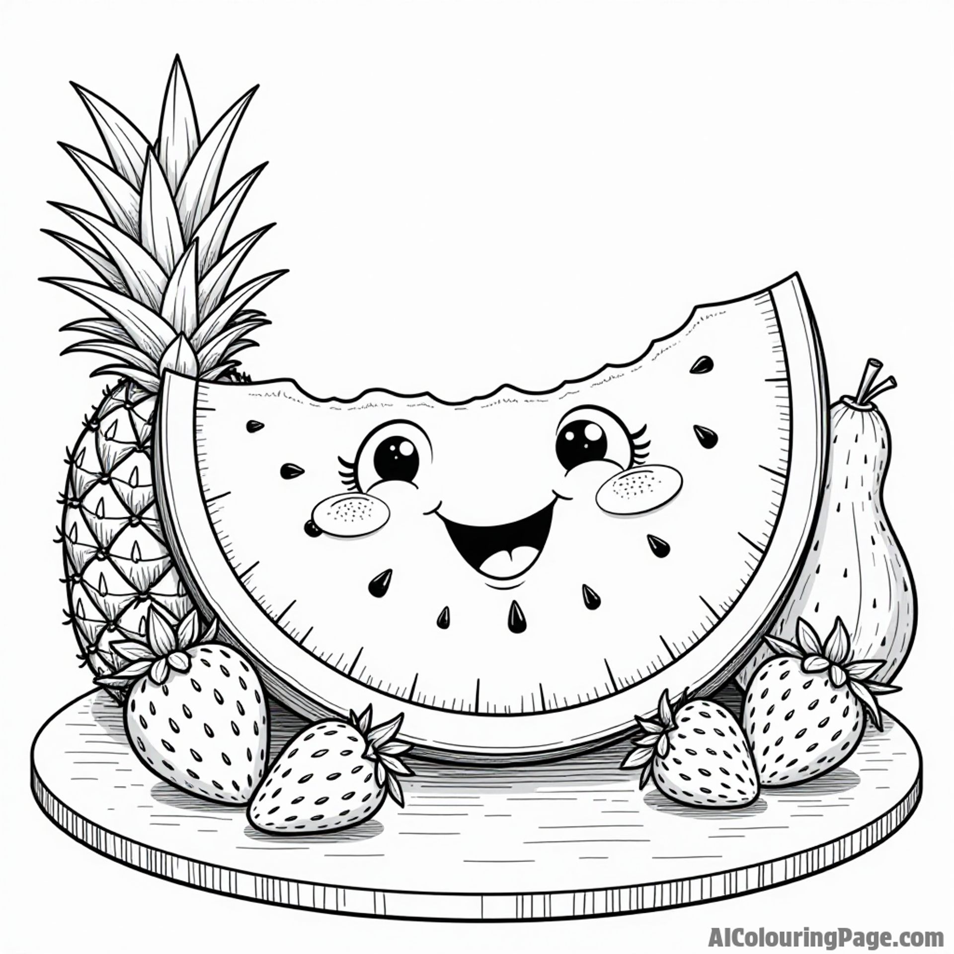 A whimsical watermelon slice with a happy face surrounded by summer fruits like strawberries and pineapples on a table.