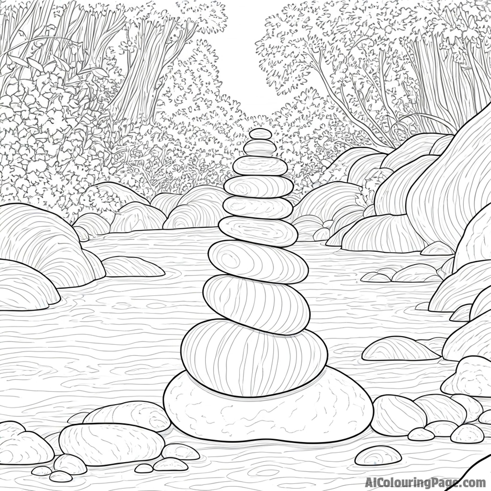 Collection of stacked stones balanced near a stream, spiritual symbol, natural art, quiet contemplation.
