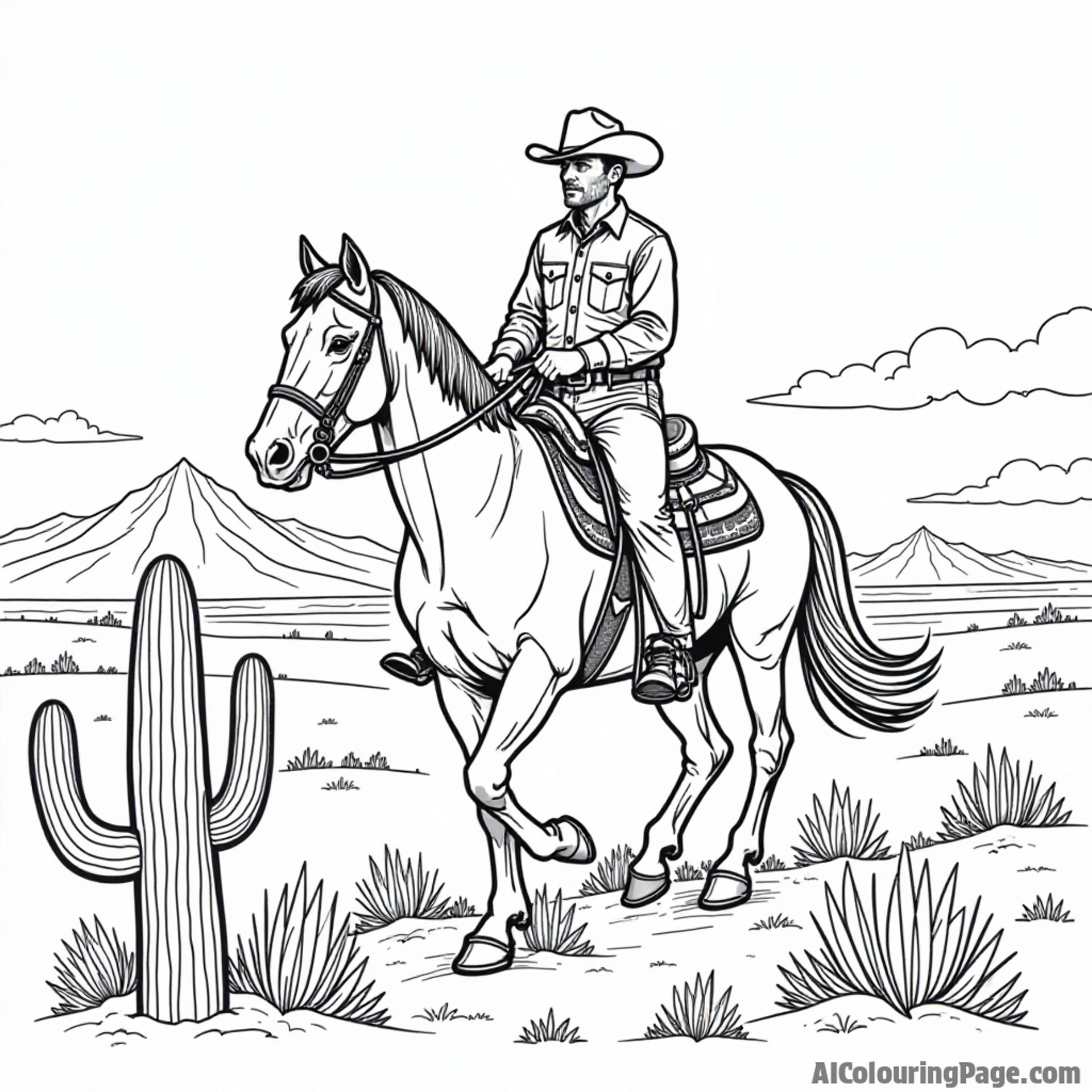 A cowboy riding a horse across the Wyoming plains, with mountains in the background and a cactus in the foreground.