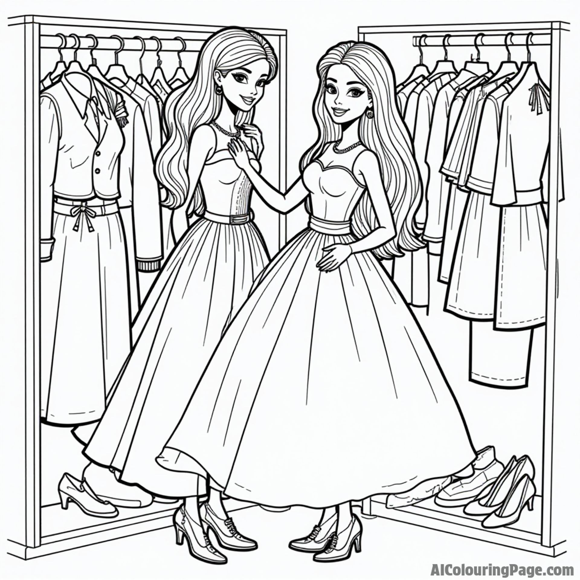 Barbie playing dress-up in a closet full of colorful clothes, trying on different outfits and accessories with joy.