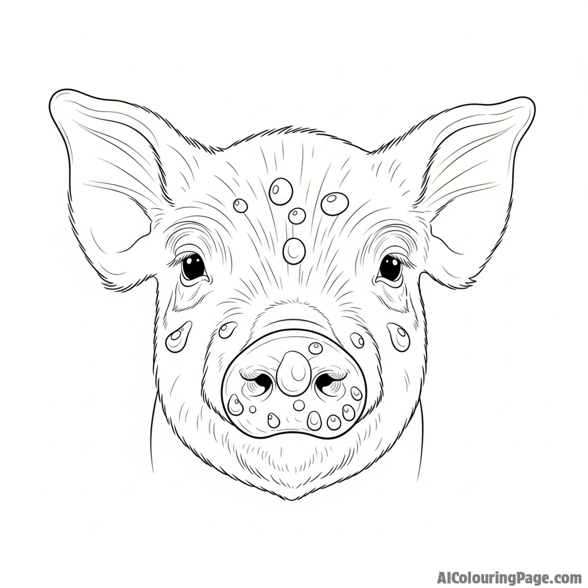 A photorealistic piglet with dewdrops on its snout, macro shot.