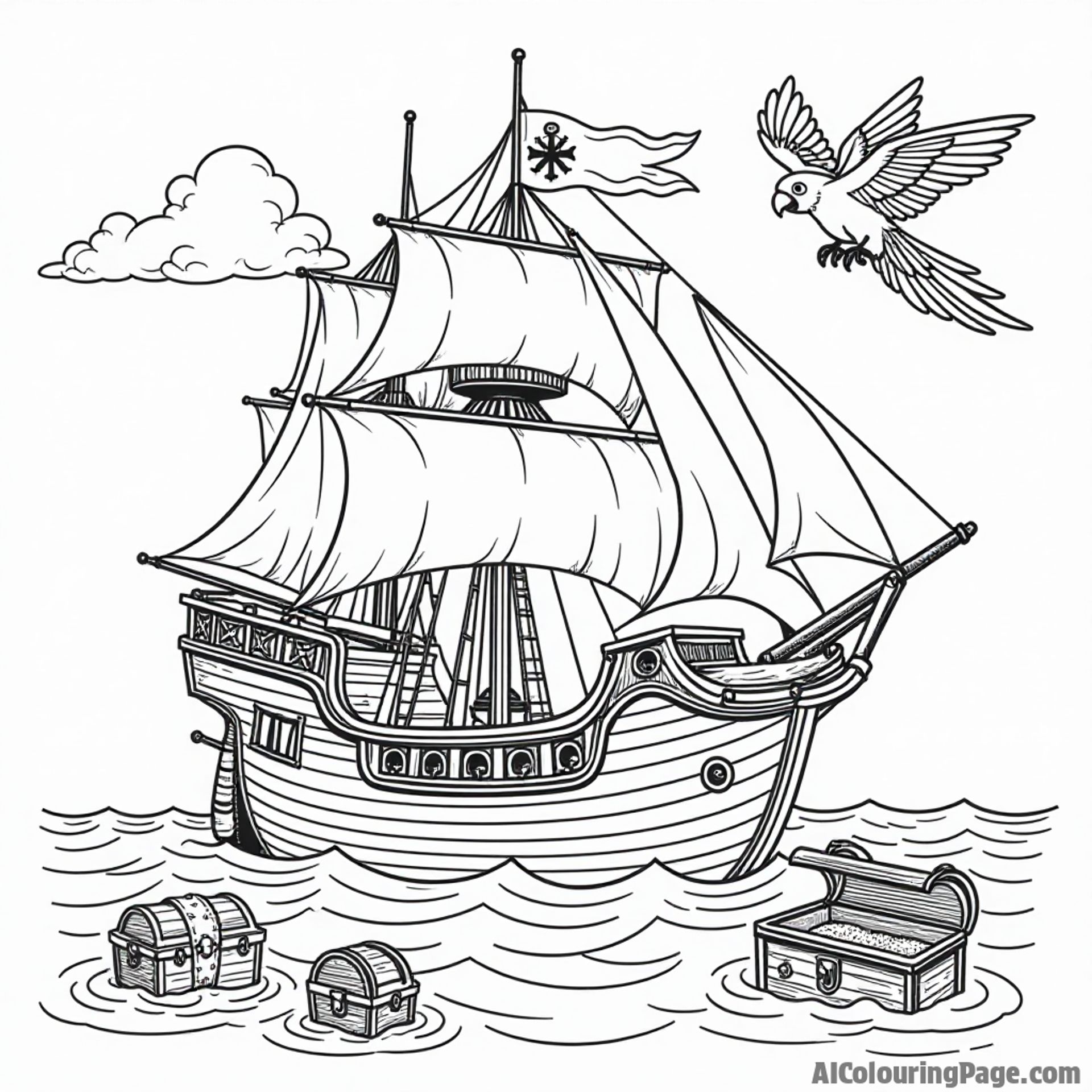A pirate ship sailing on the ocean with a giant compass on the deck, a cheerful parrot flying above, and treasure chests waiting to be discovered, perfect for coloring fun.