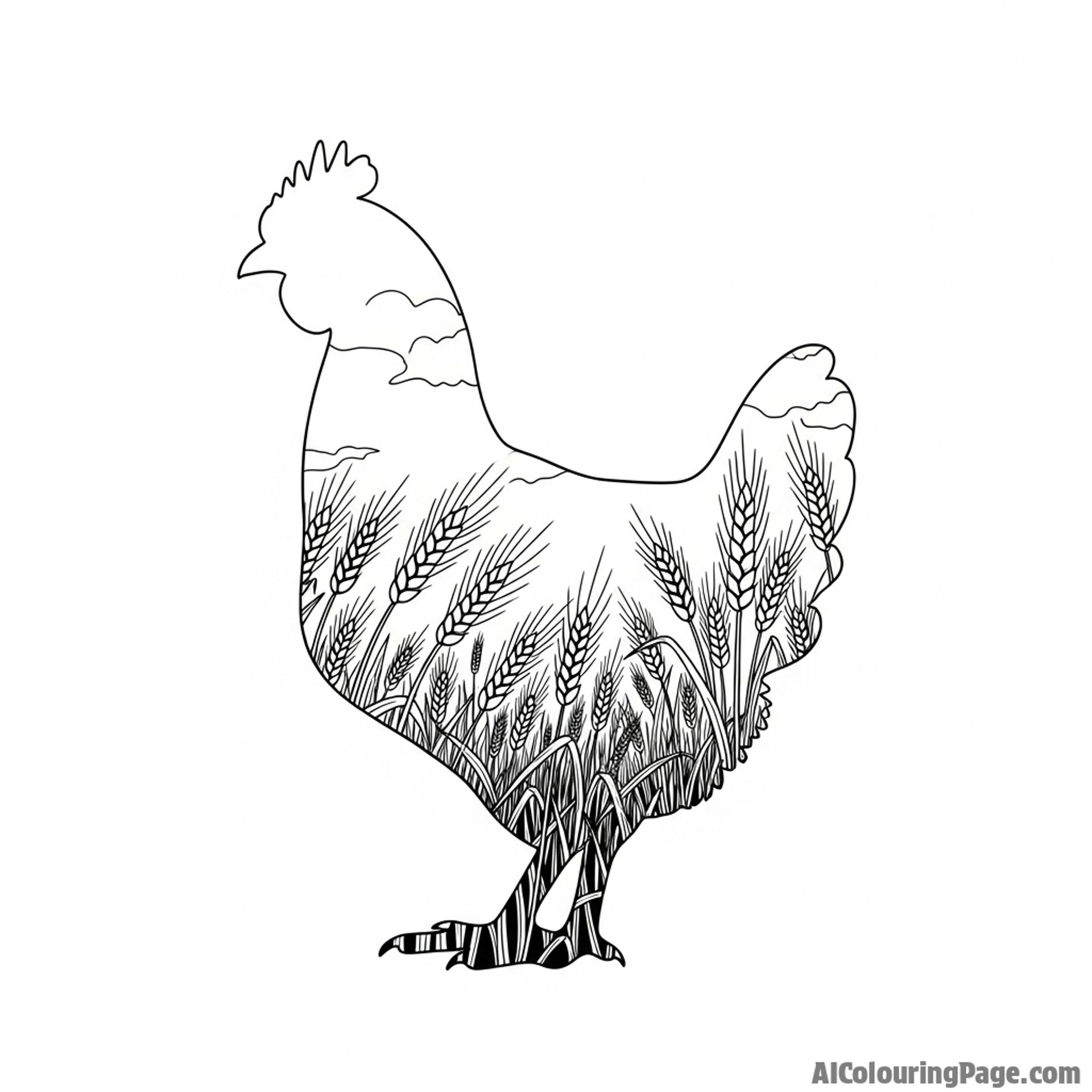 A double-exposure photograph combining a chicken's silhouette with a field of wheat.