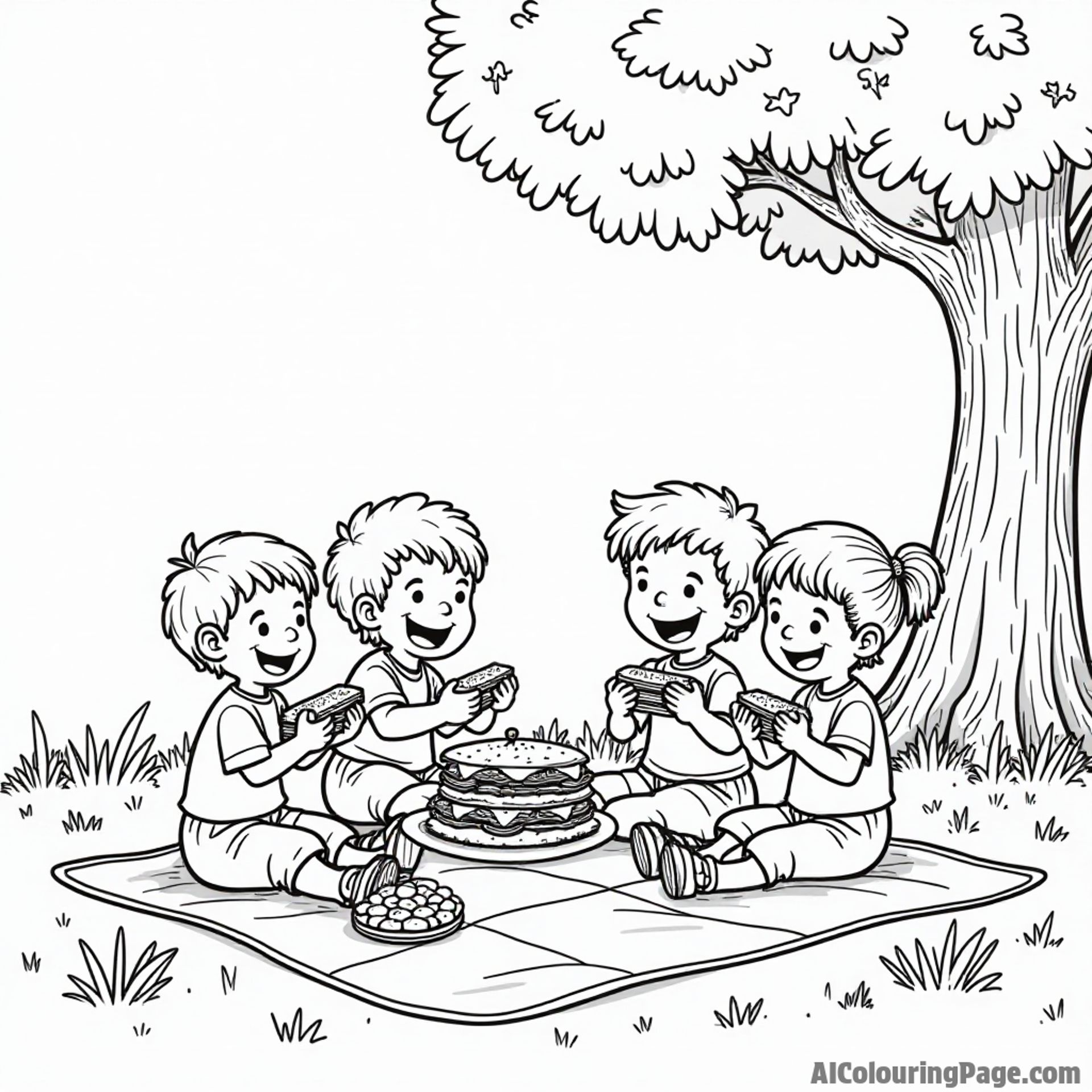 A cheerful picnic scene with kids enjoying sandwiches and colorful candies on a blanket under a tree for vibrant coloring fun.
