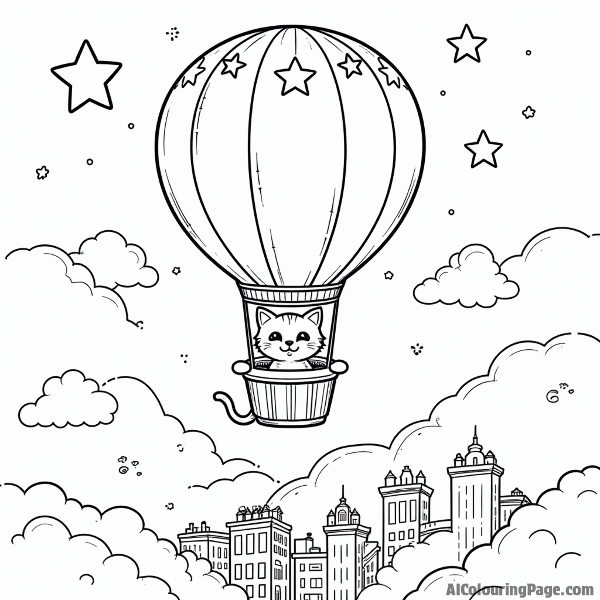 A hot air balloon adorned with stars, flying over a sleeping city at night, with a friendly cat peeking out, inviting children to color their own nighttime adventure.