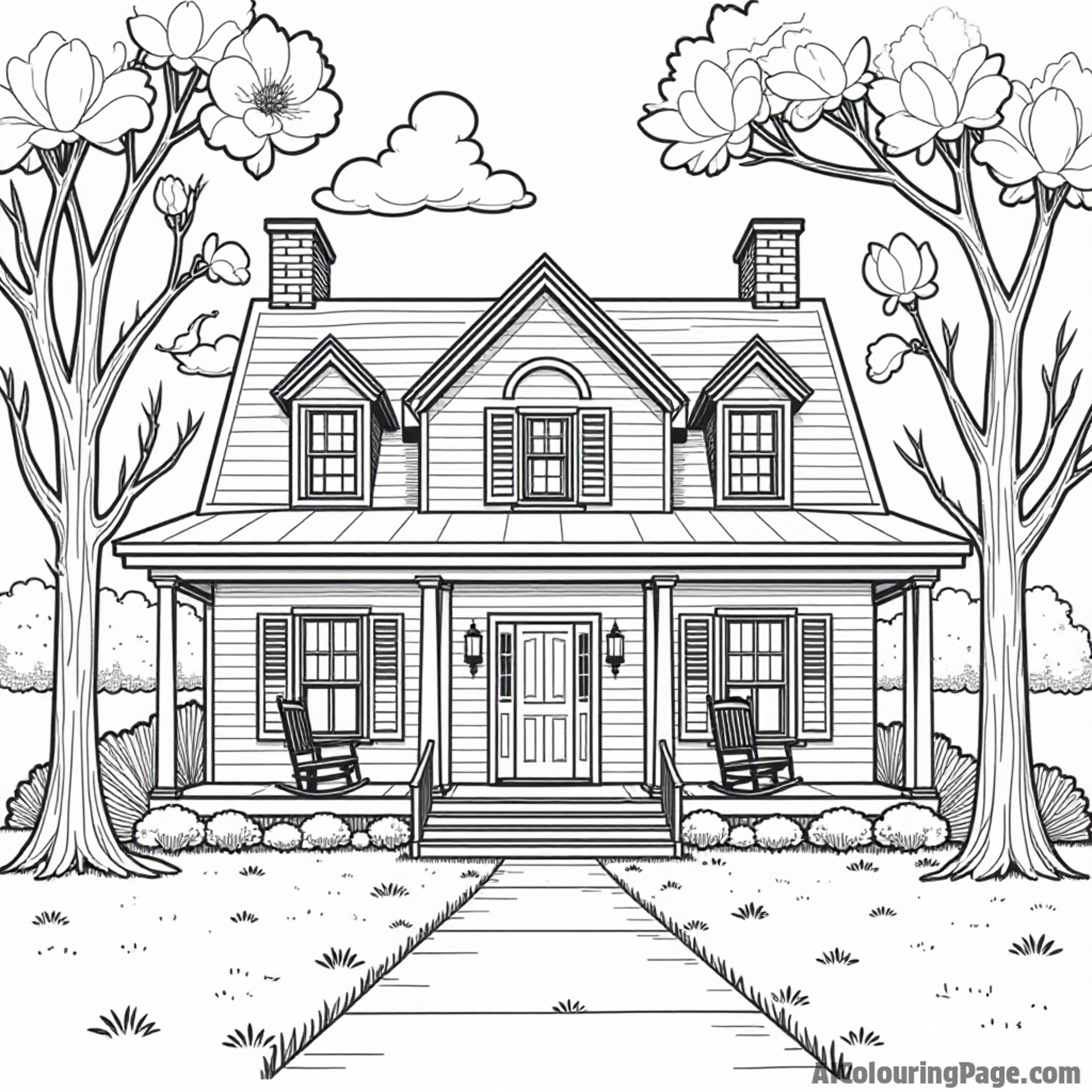 A classic Louisiana plantation house surrounded by magnolia trees, a front porch with rocking chairs, and a sunny sky.