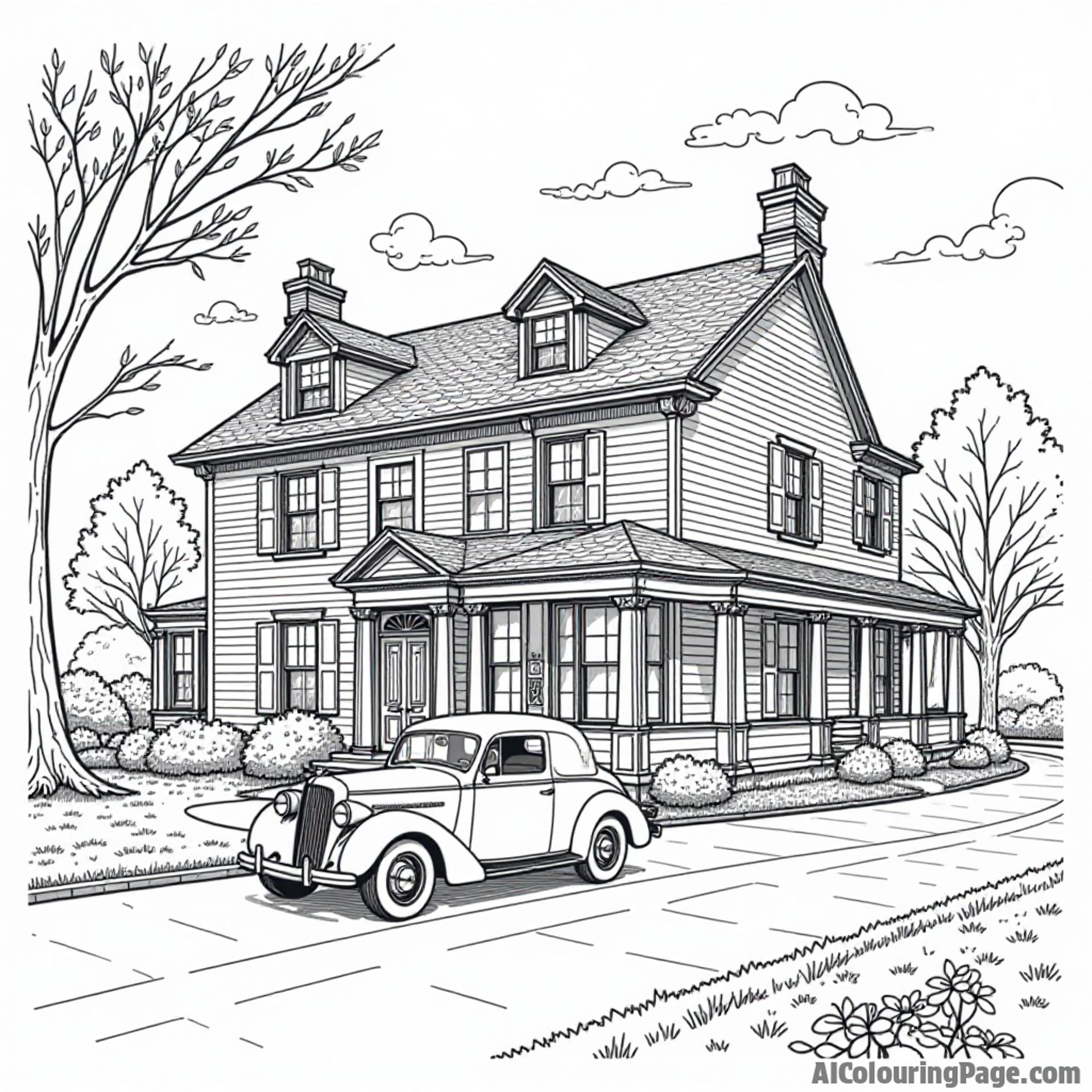 A charming Newport mansion, with lush gardens and a classic car parked outside, depicting Rhode Island's historical elegance.