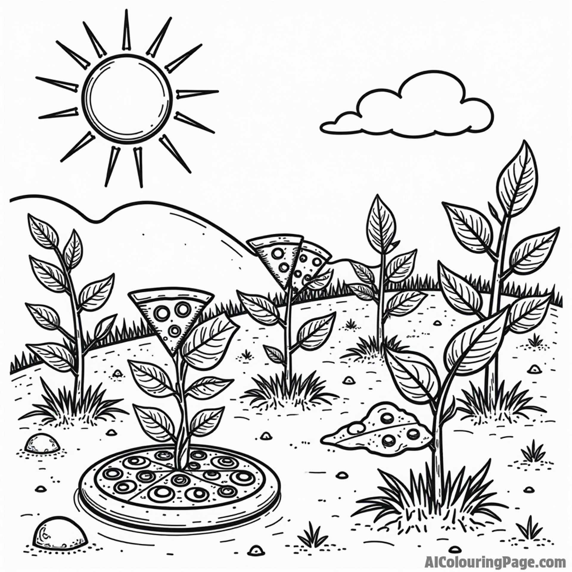 A magical pizza garden with pizza plants growing, featuring various toppings like olives and cheese, under a bright sun.