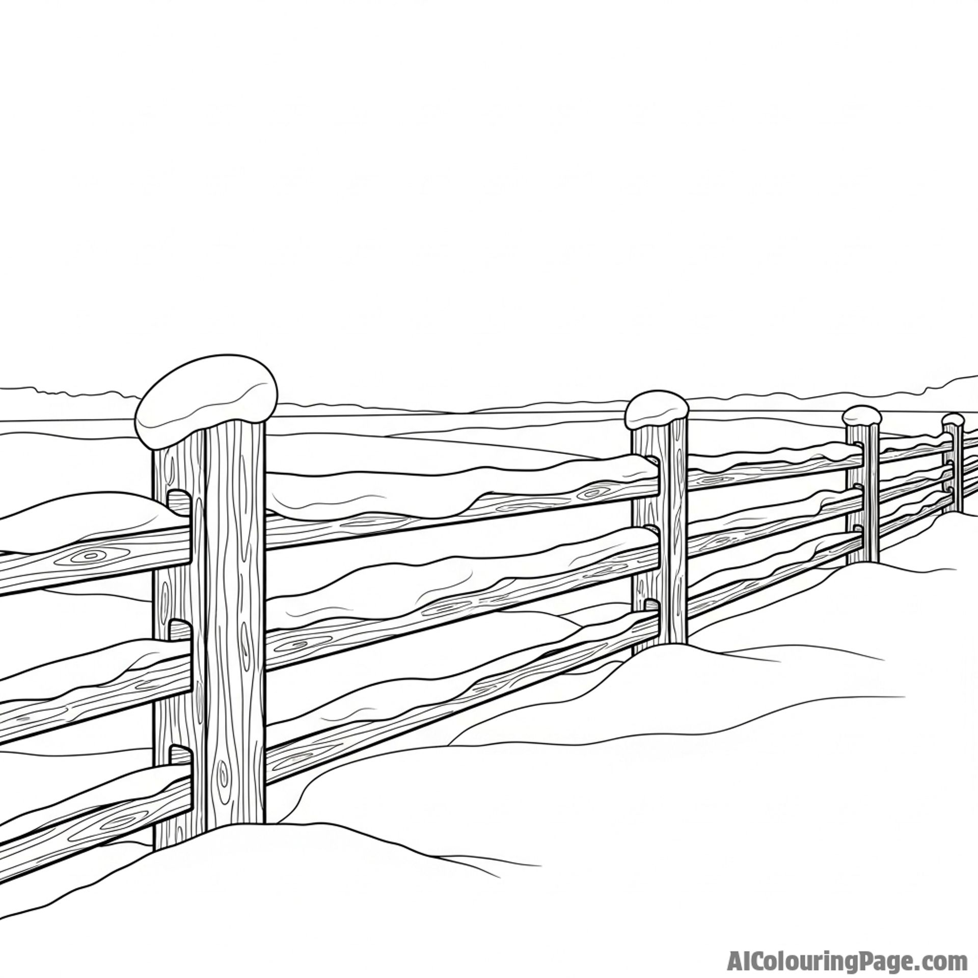 Winter landscape showing old rustic fence covered with drifting snow