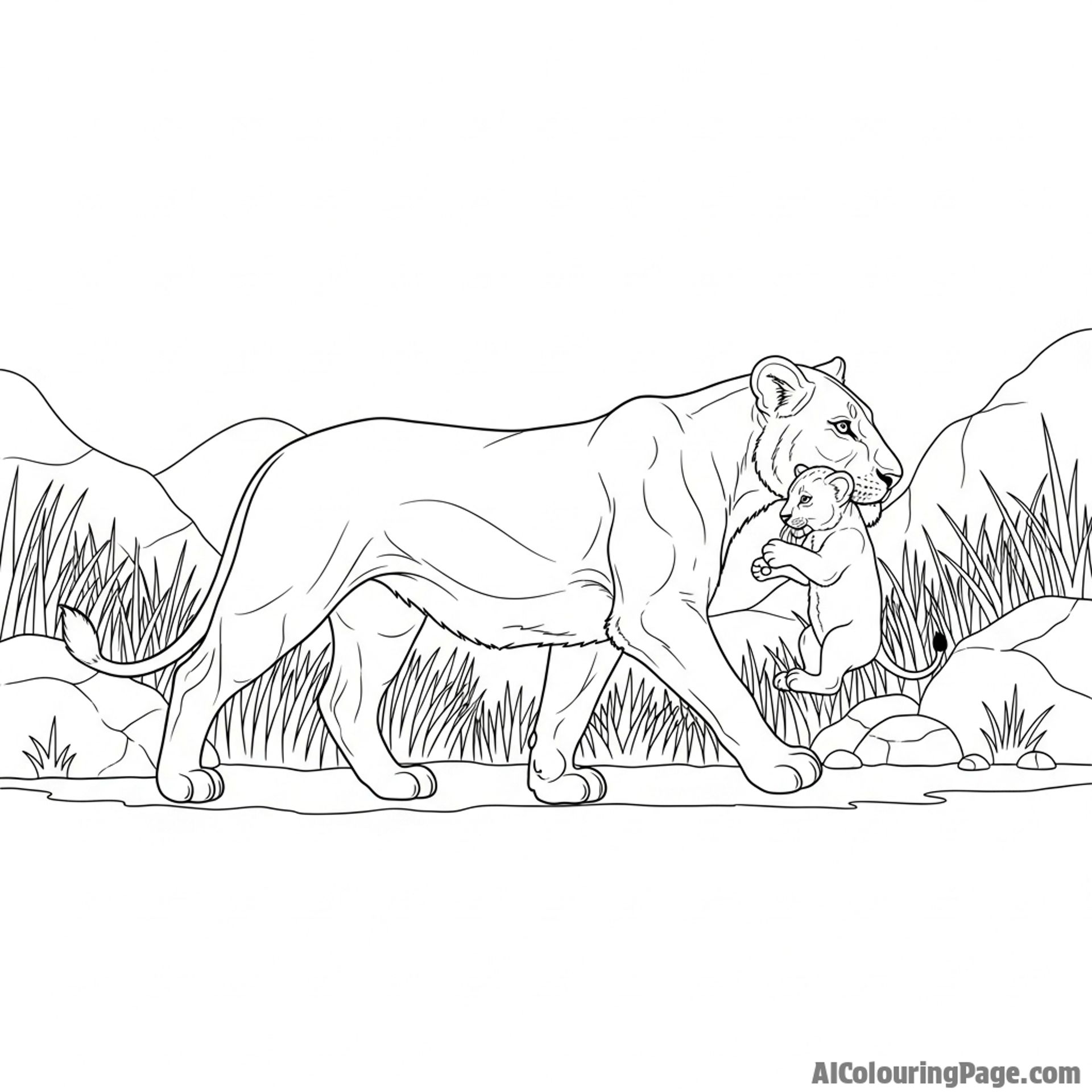 A lioness carrying a cub gently by the scruff of its neck through the wilderness.