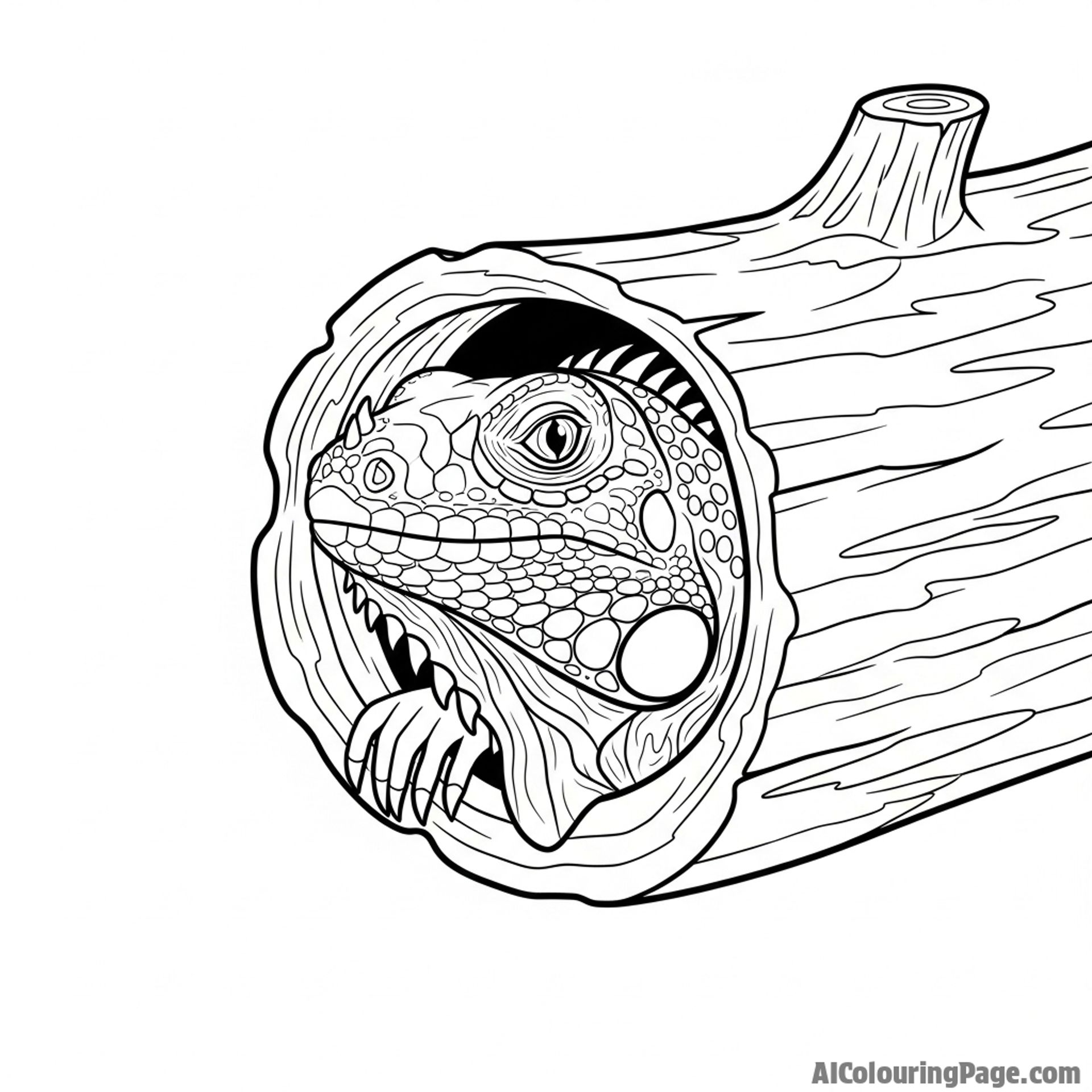 An iguana looking out from inside a hollow log, its head framed by the opening.