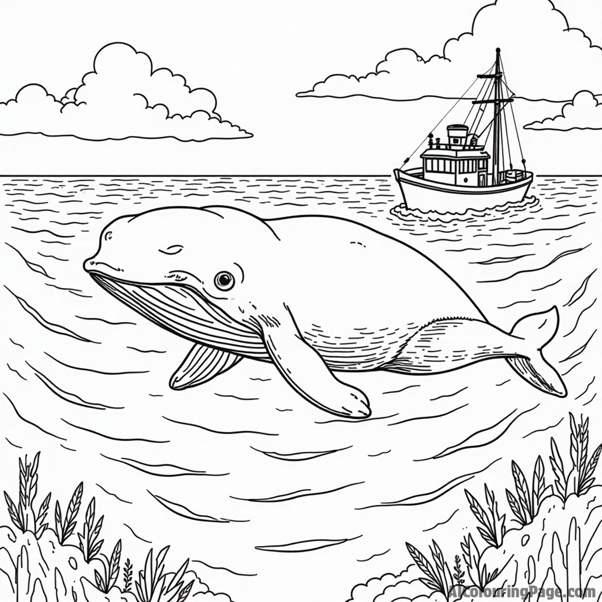 A whale swimming in the Atlantic Ocean, a fishing boat nearby, and waves splashing, capturing Massachusetts marine life for kids.