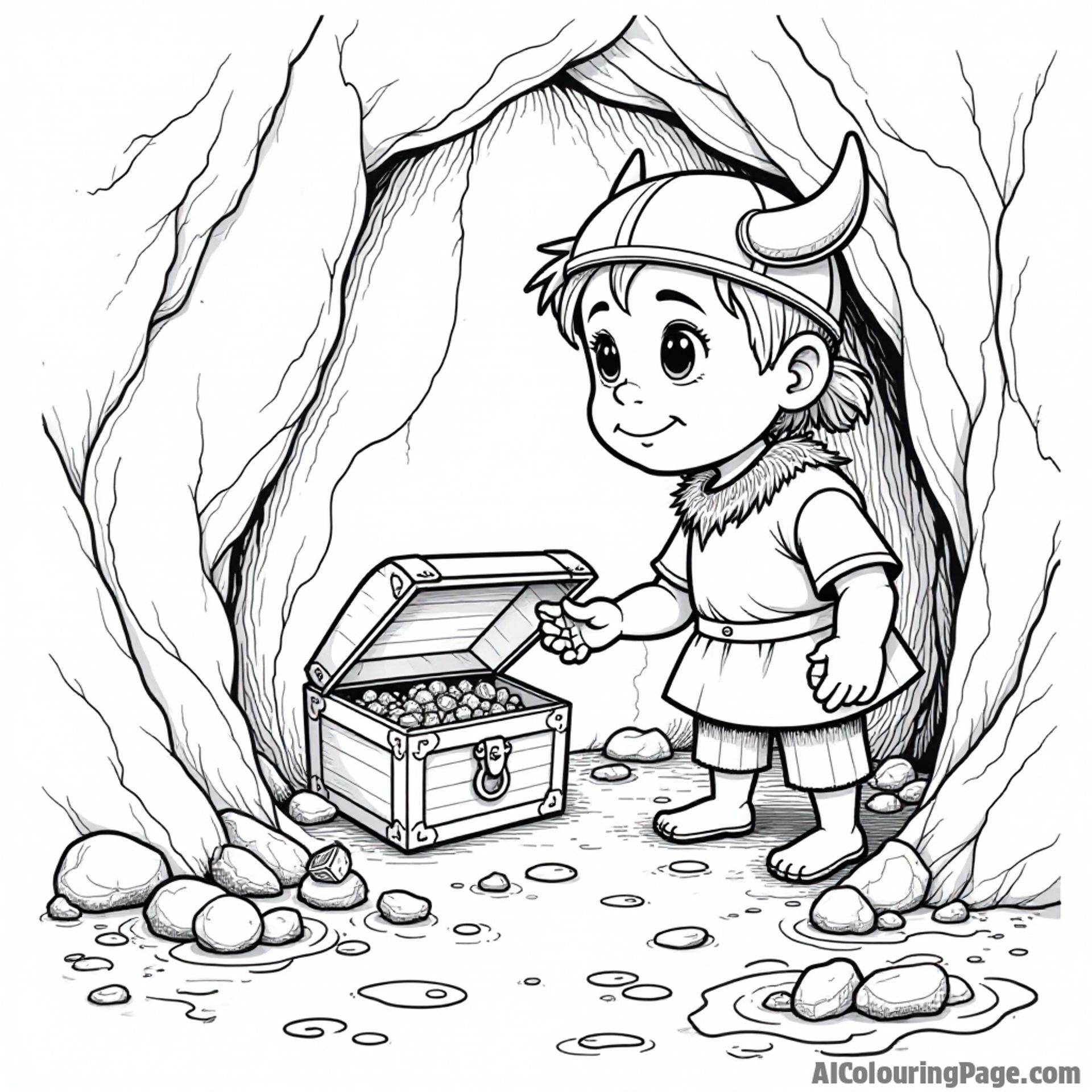 A Viking child discovering a hidden treasure in a cave, with sparkling gems and a mysterious map, igniting imagination and adventure in history for coloring fun.