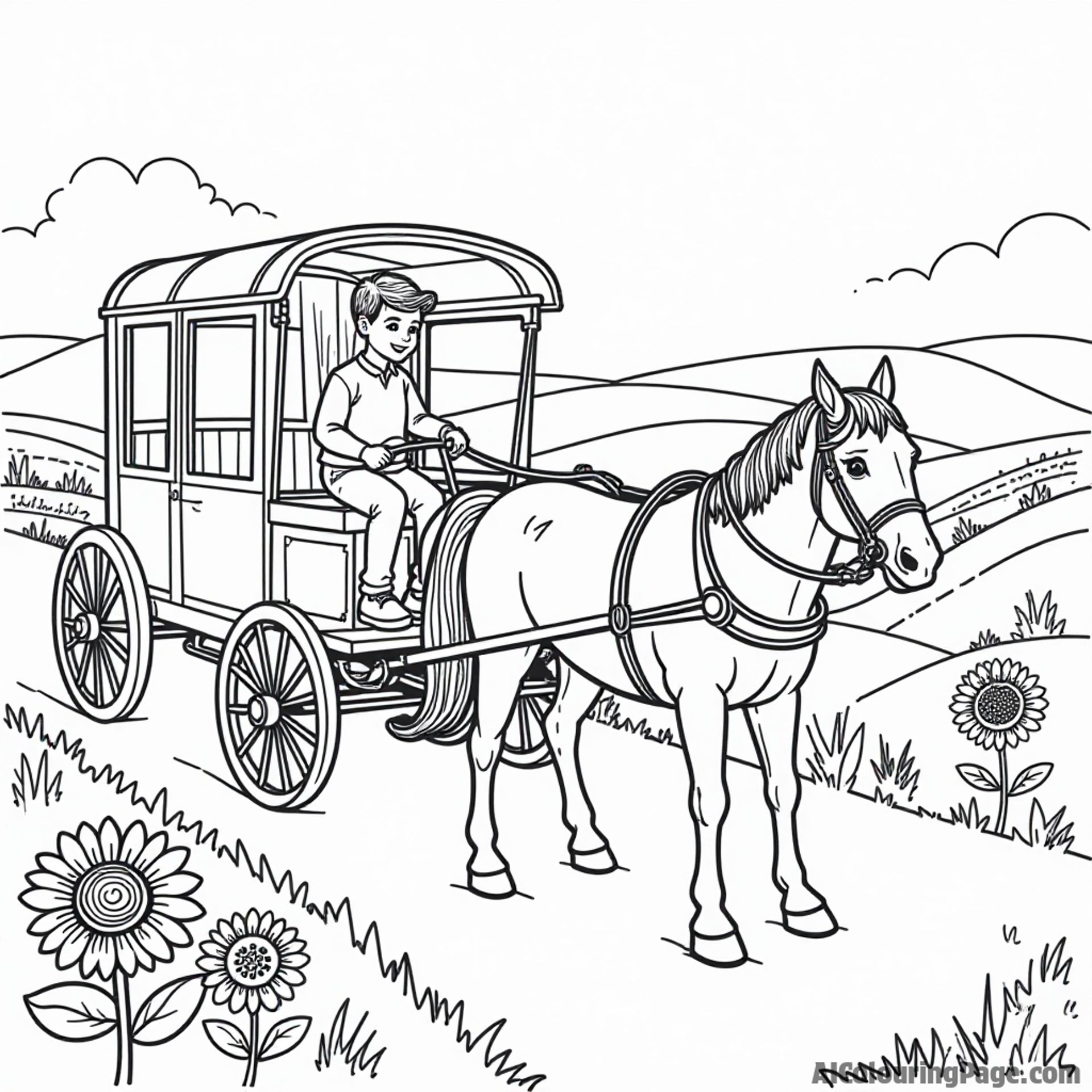 A friendly horse-drawn carriage moving through an Indiana countryside, with sunflowers and rolling hills, inviting kids to color.