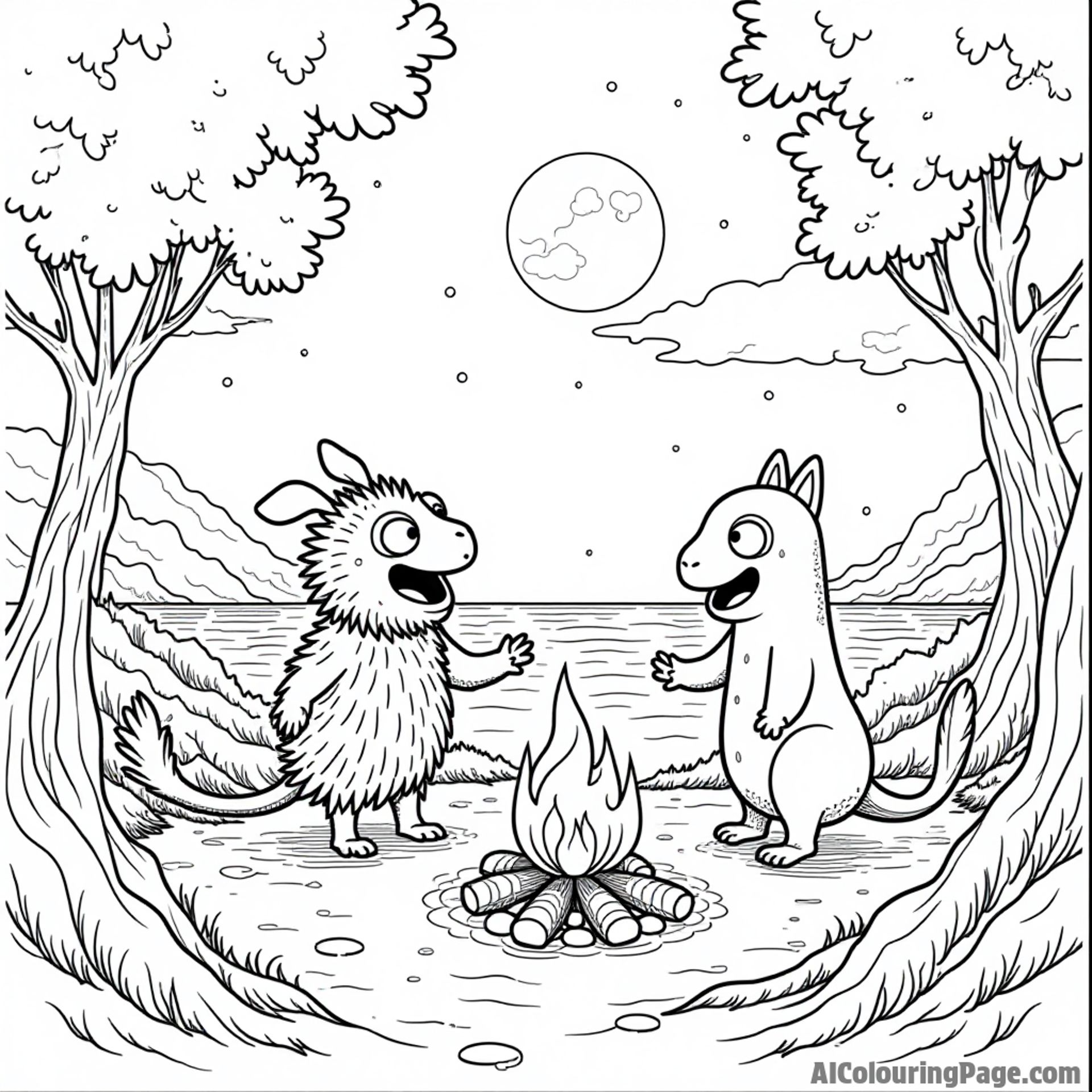 An enchanted island filled with magical creatures like the Kakamora dancing around a bonfire under the moonlight.