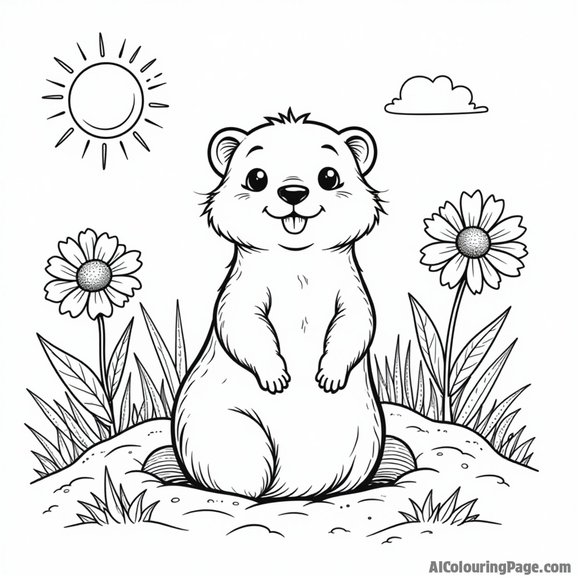 A playful prairie dog popping out of a burrow surrounded by wildflowers under a bright sun, ideal for kids to color.