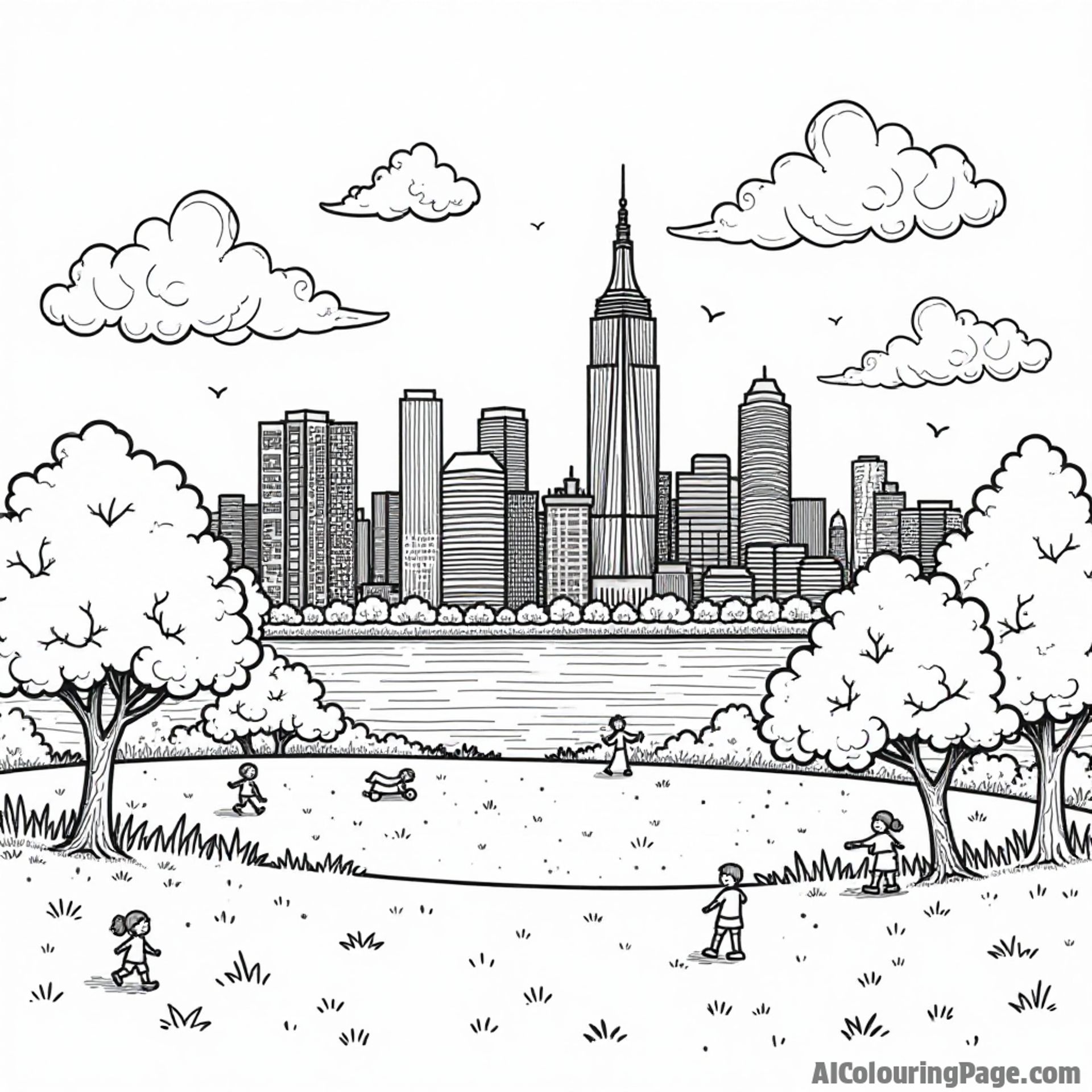 A scenic view of the Boston skyline, a park with children playing, and fluffy clouds, encouraging imaginative coloring experiences.