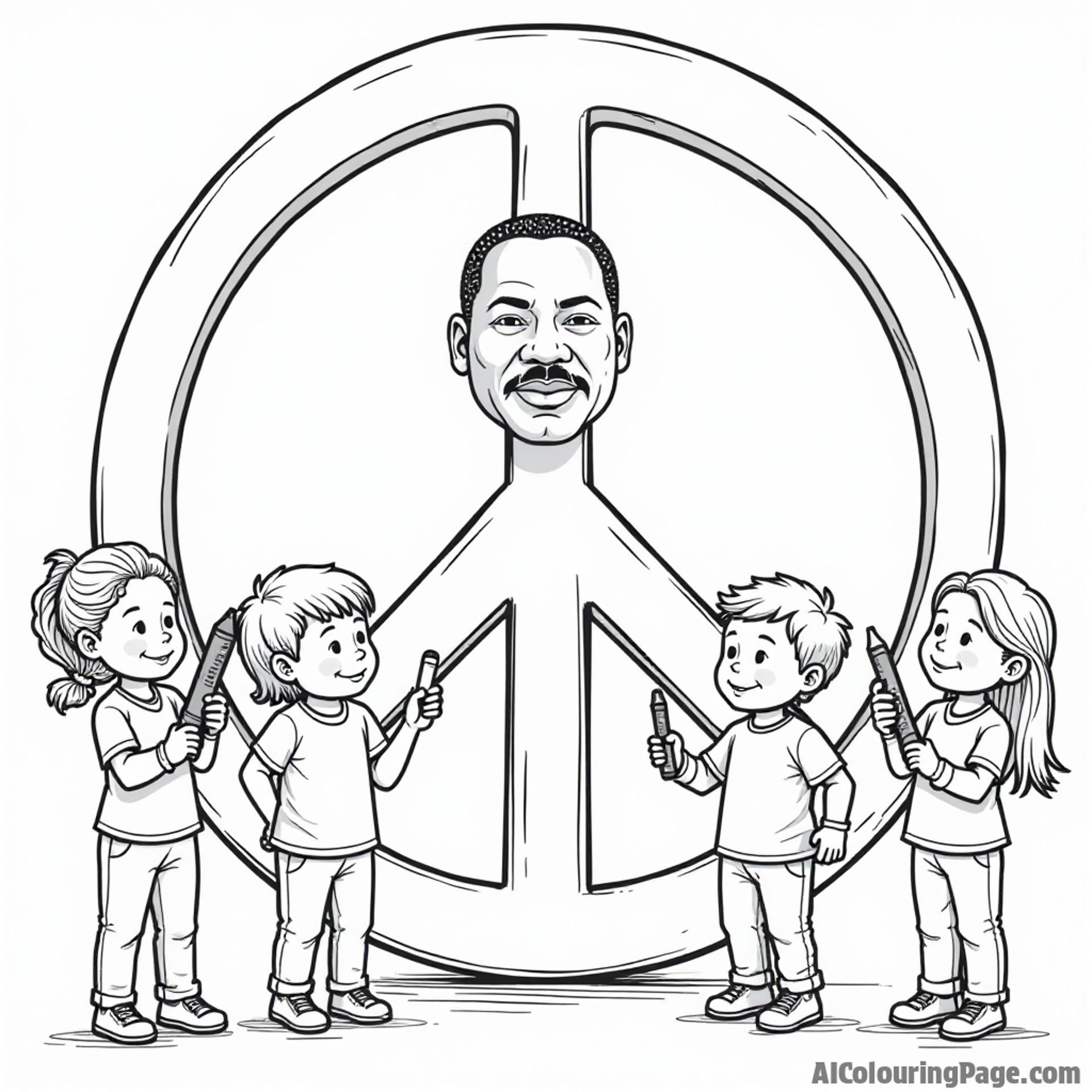 An artistic representation of Martin Luther King Jr. with a giant peace sign, surrounded by children holding art supplies, ready to color their vision of peace and unity.