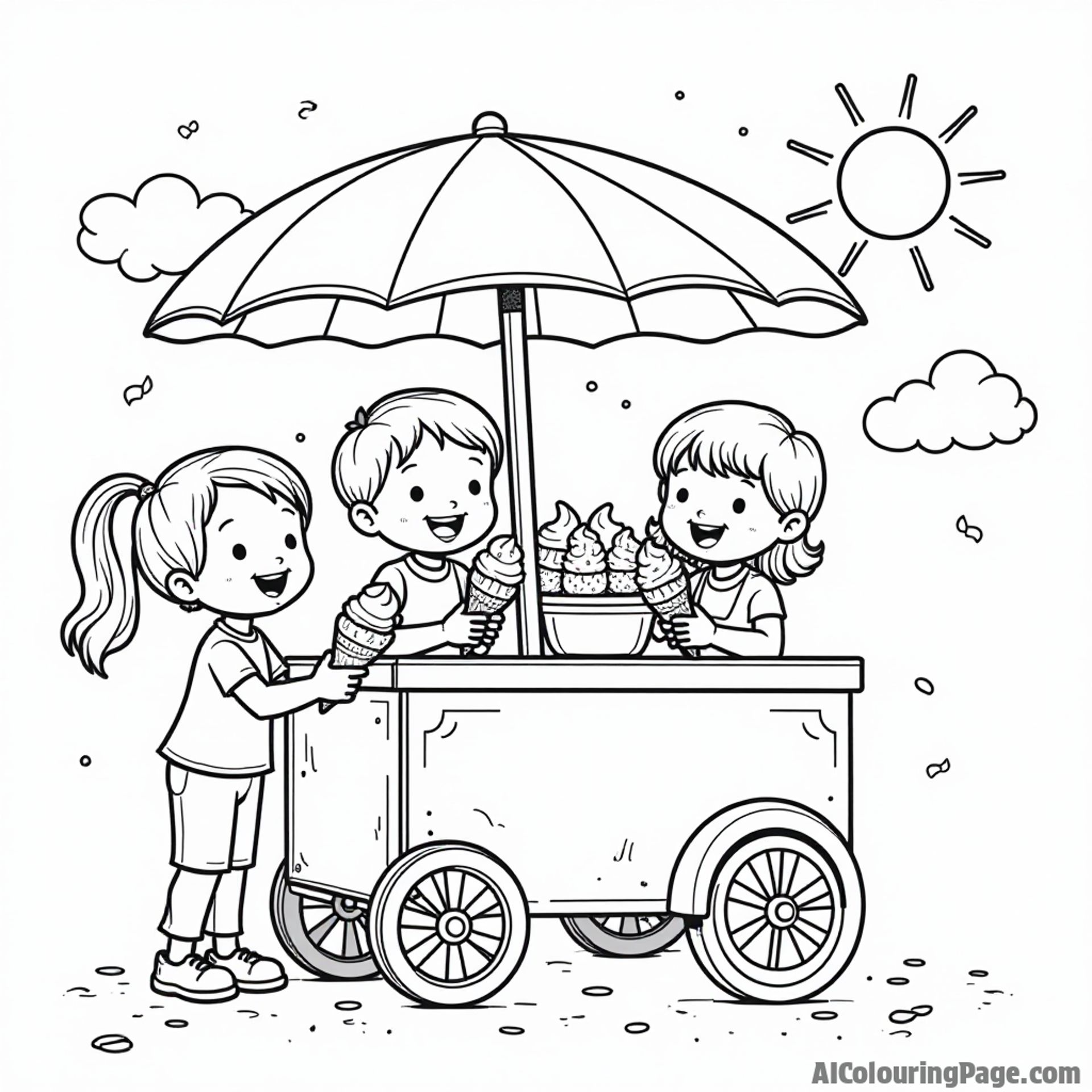 A charming ice cream cart with kids enjoying delicious cones, colorful sprinkles flying, and a sunny day, ideal for a fun Festivals and Traditions Coloring Sheet.