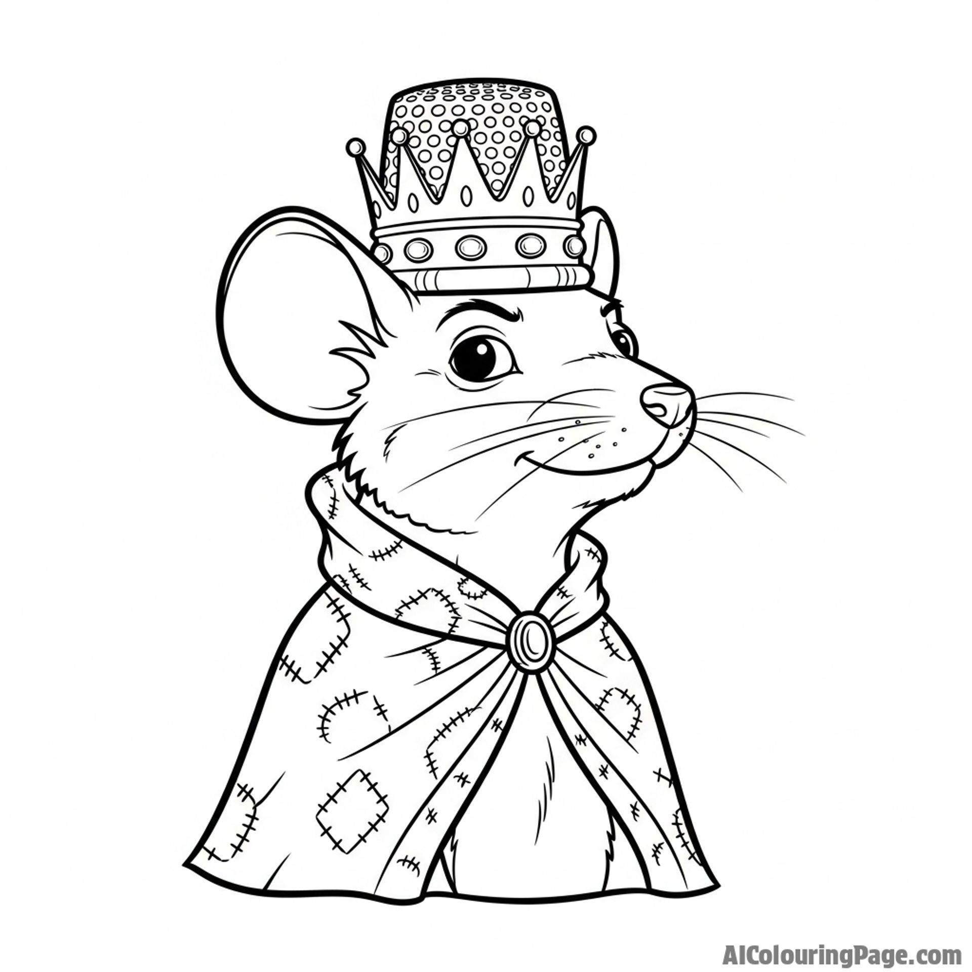 A portrait of a regal mouse king wearing a thimble crown and a scrap-fabric cape.
