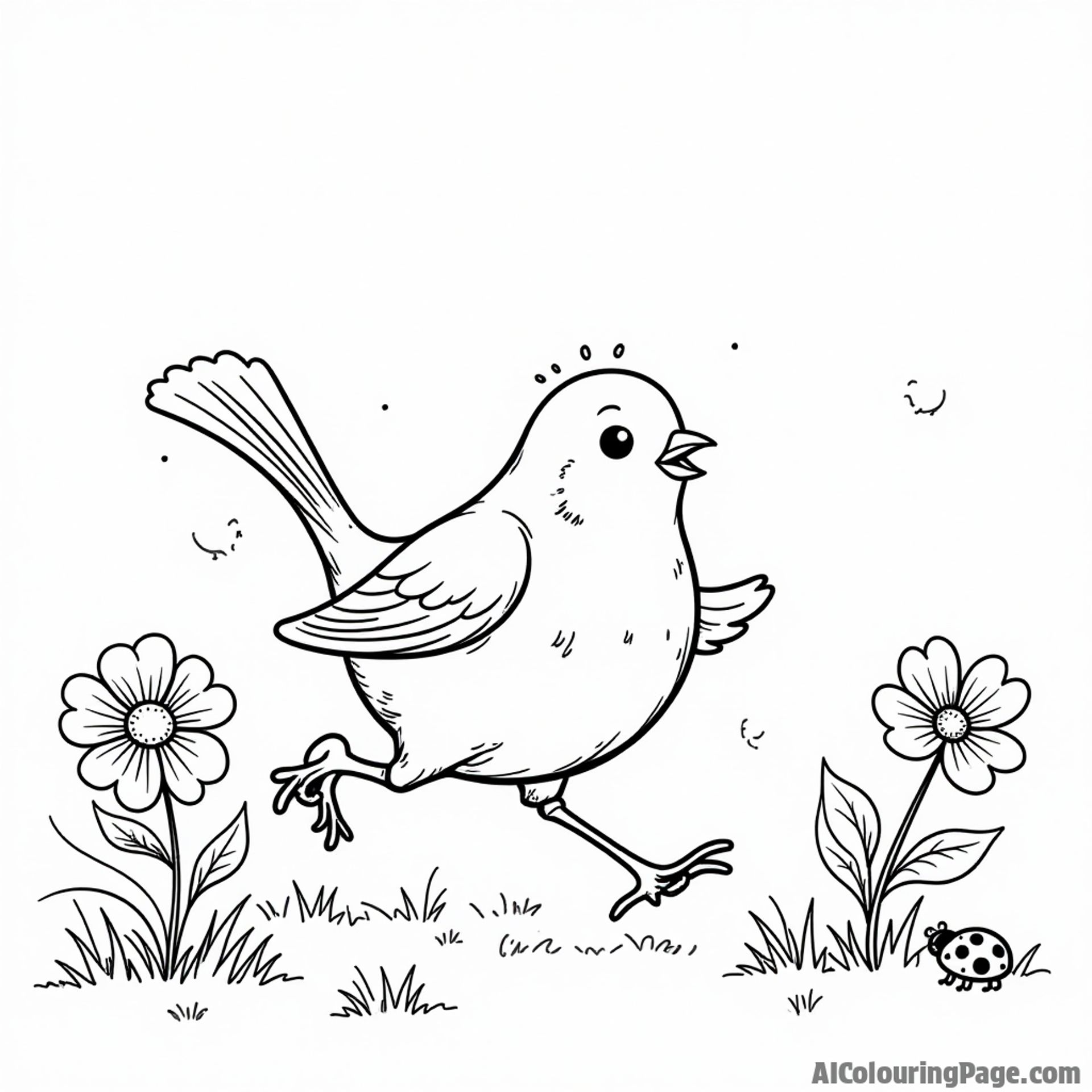 A playful robin hopping on the grass next to a colorful flower patch and a small ladybug, suitable for coloring.