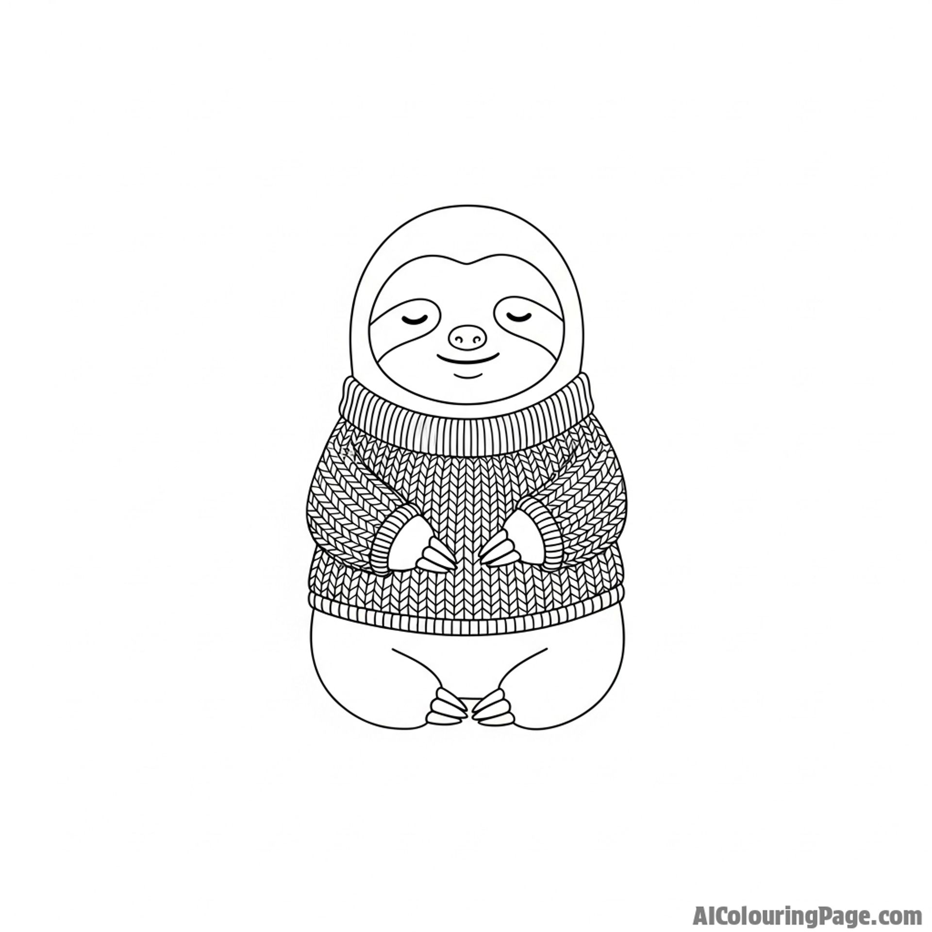 A sloth wearing a tiny knitted sweater, looking cozy and content.