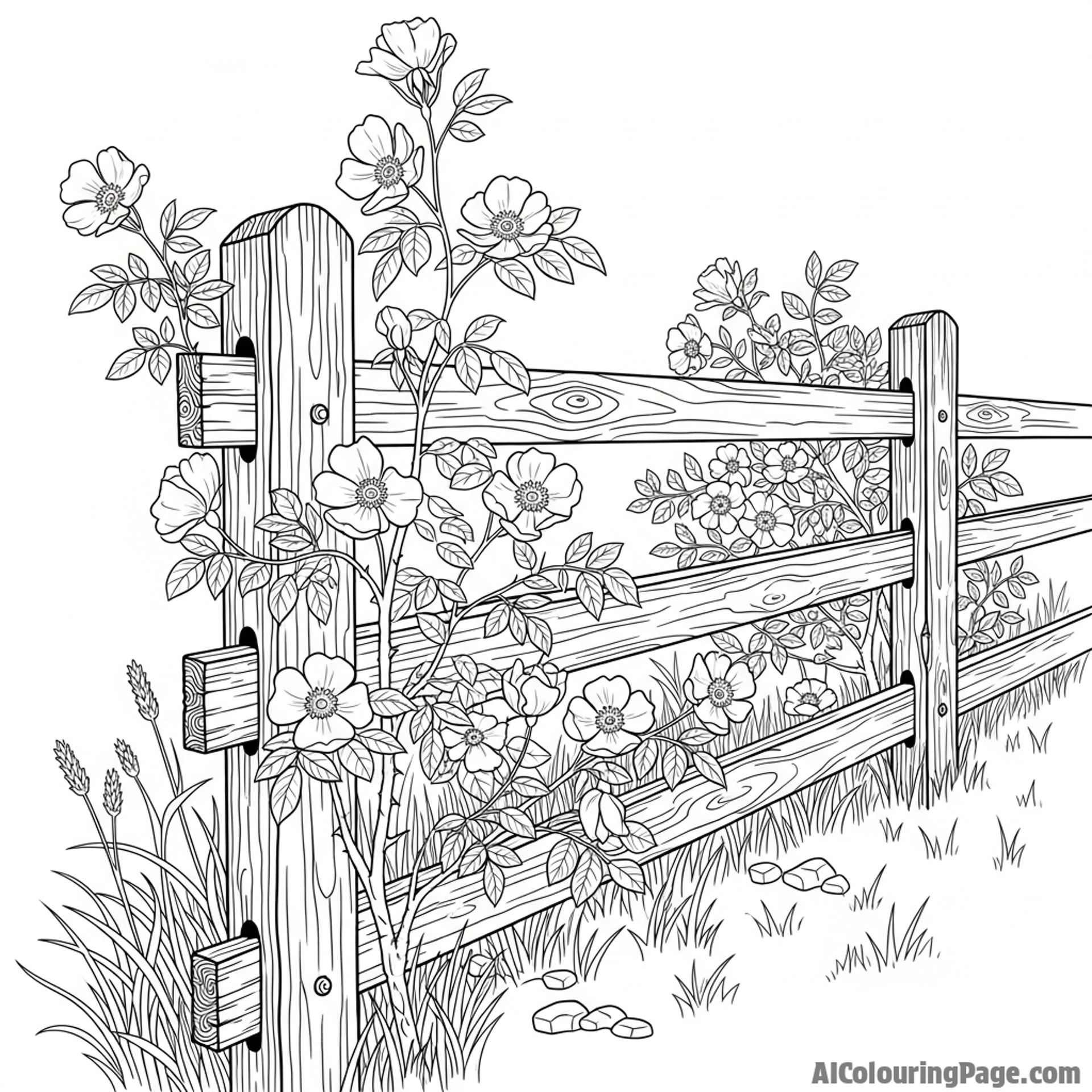 Wild roses growing along a fence, rustic setting.