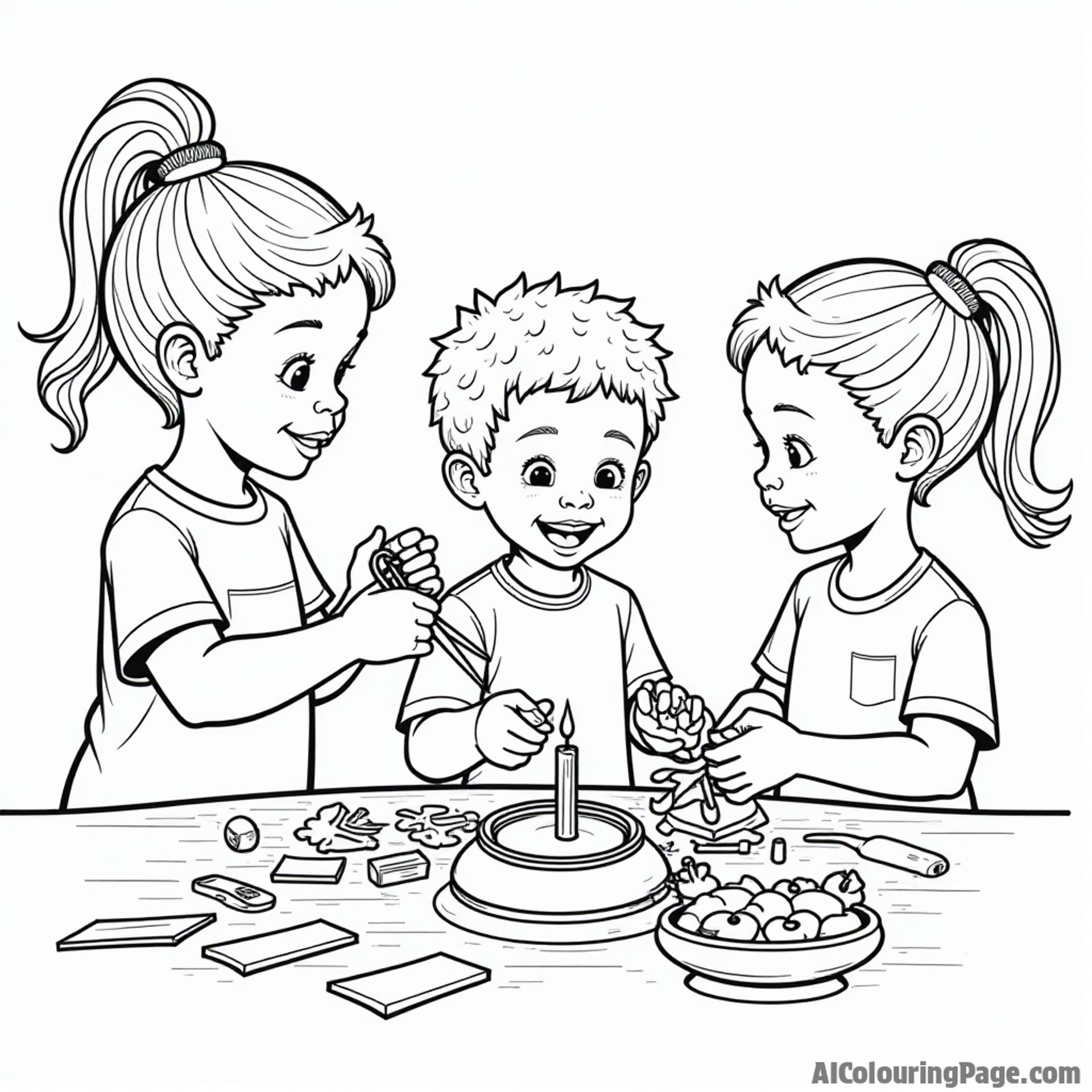 Children creating Kwanzaa decorations with scissors and colored paper, capturing the spirit of creativity and tradition, perfect for a fun and educational coloring book page.